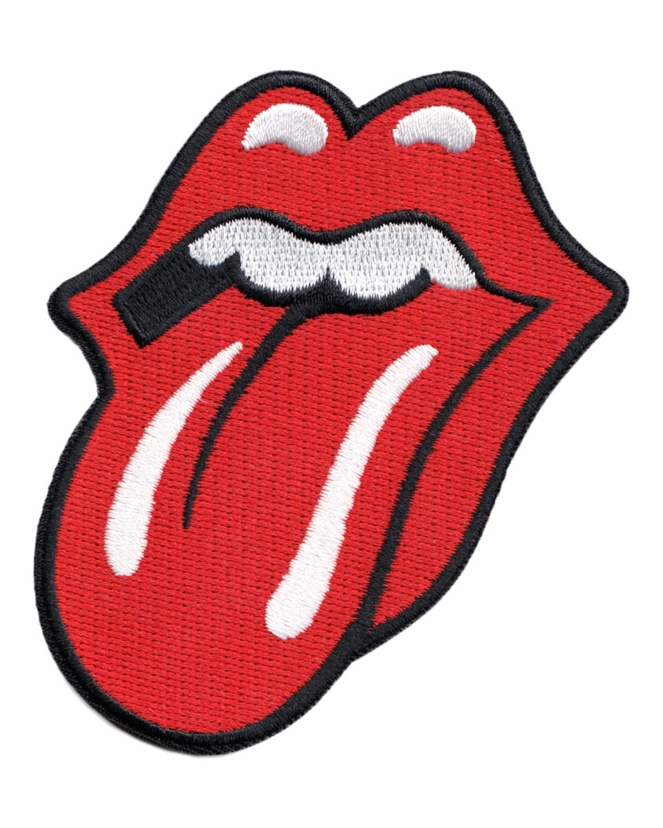 Embroidered patch of a red tongue with white teeth and black accents on a white background