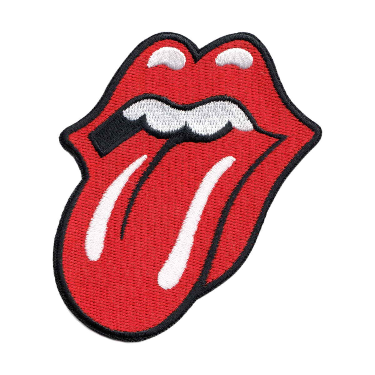 Embroidered patch of a red tongue with white teeth and black accents on a white background