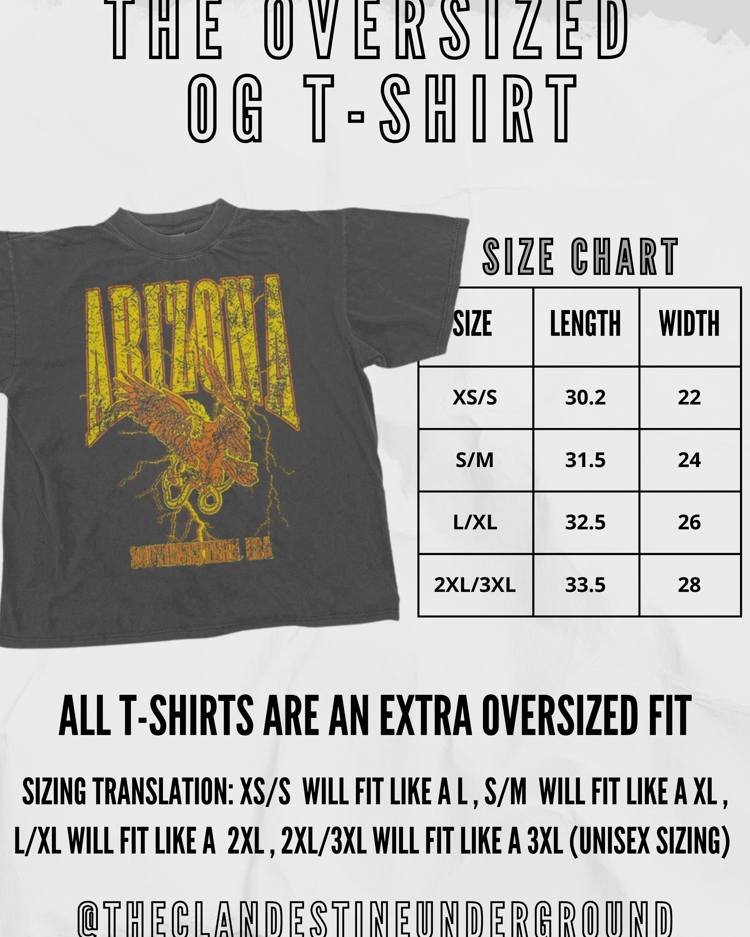 Grey t-shirt with white background. size chart and black words describing the fit and sizing of t-shirts.