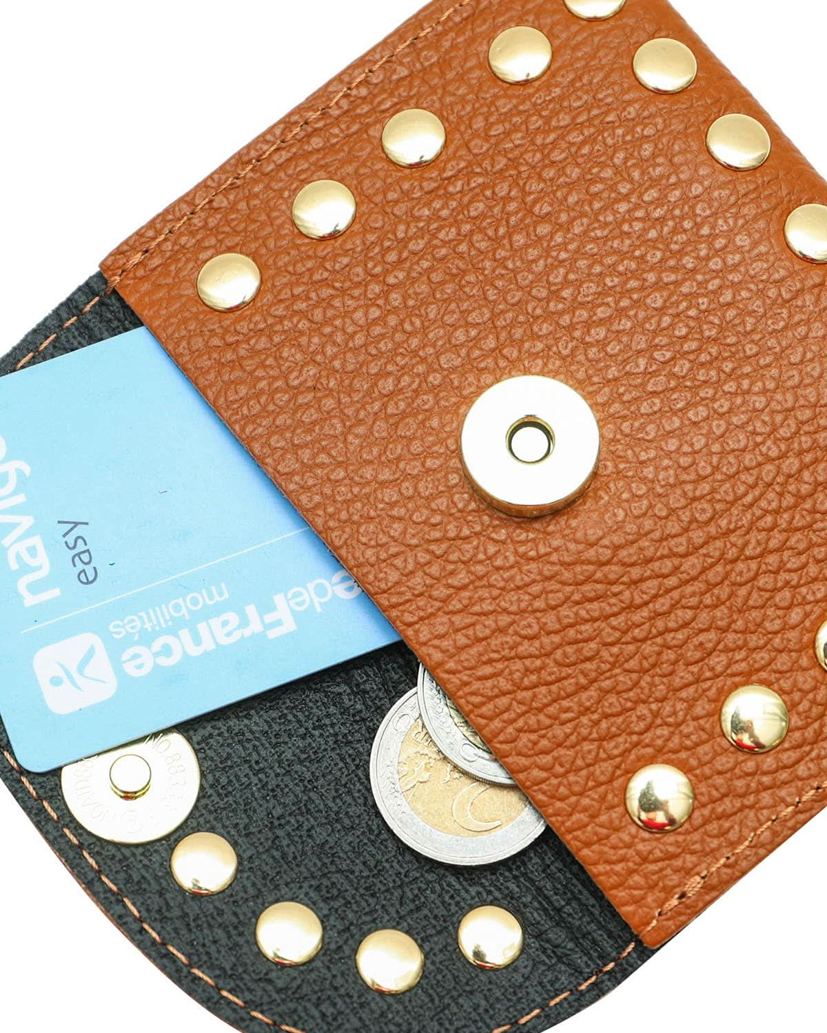 Chestnut brown flap wallet with gold embellishes outlining the wallet. Wallet is holding cards and coins