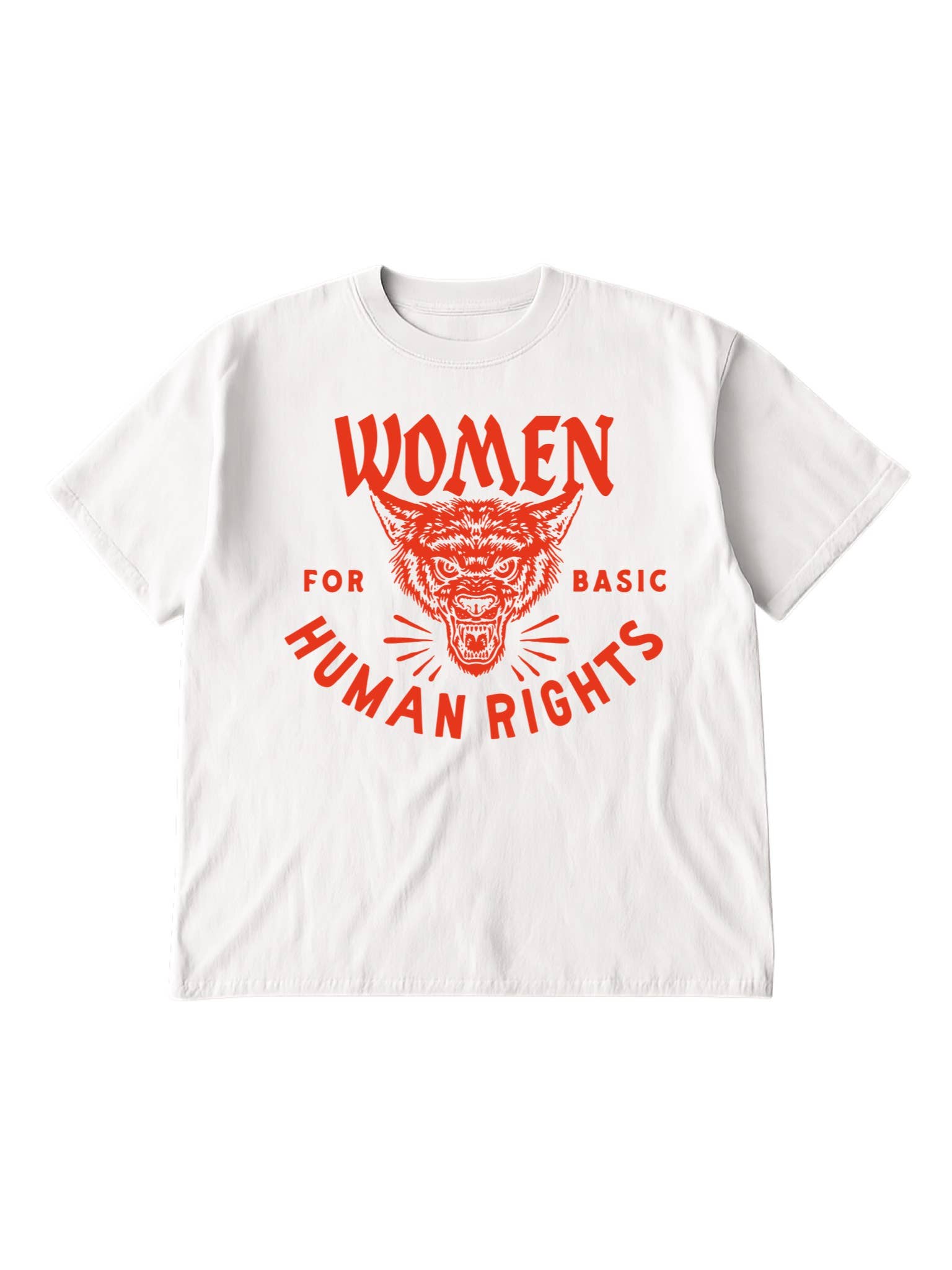 White t-shirt with red graphic and text on a white background