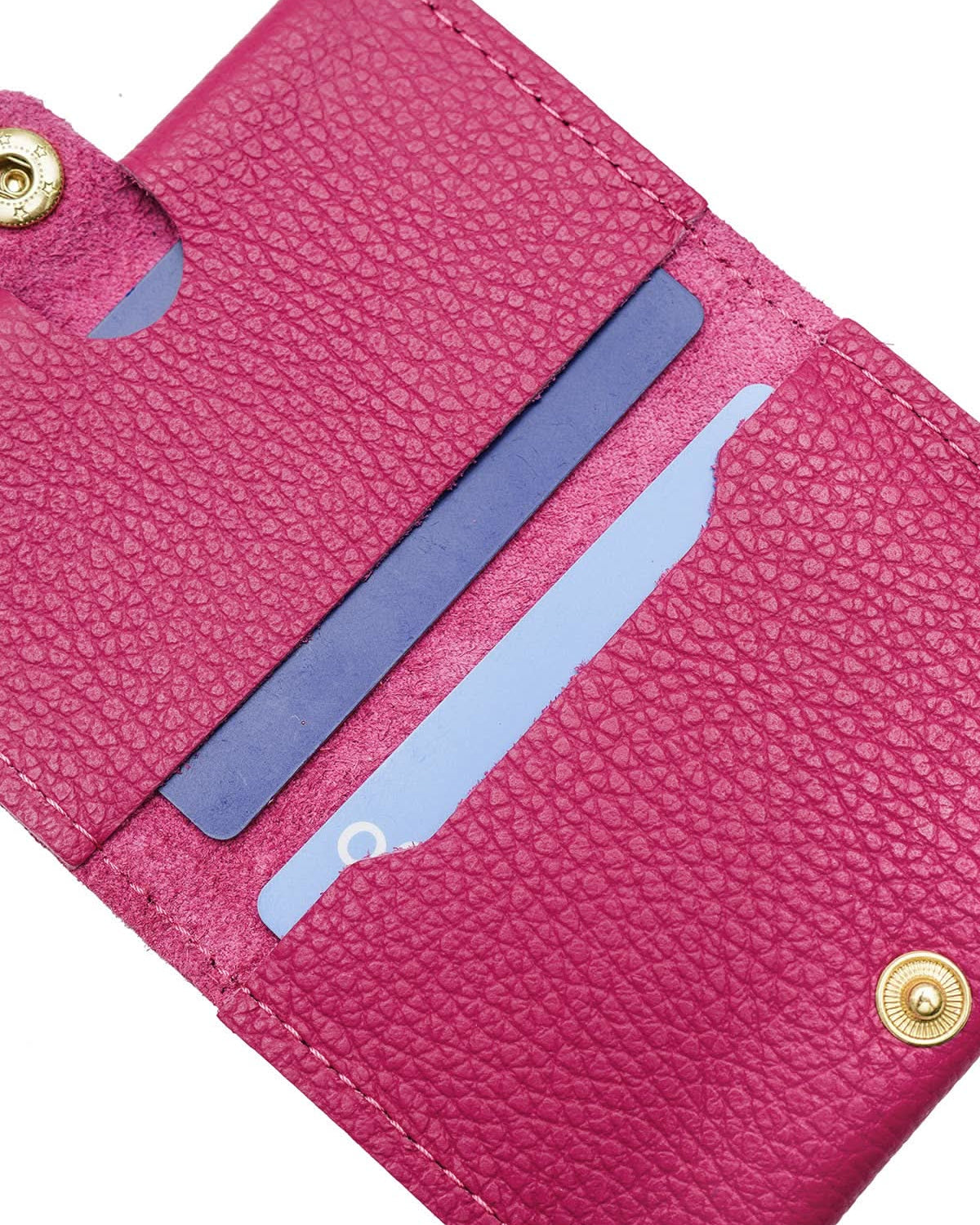 Inside look at pink Grained cowhide leather card holder with gold Snap button closure