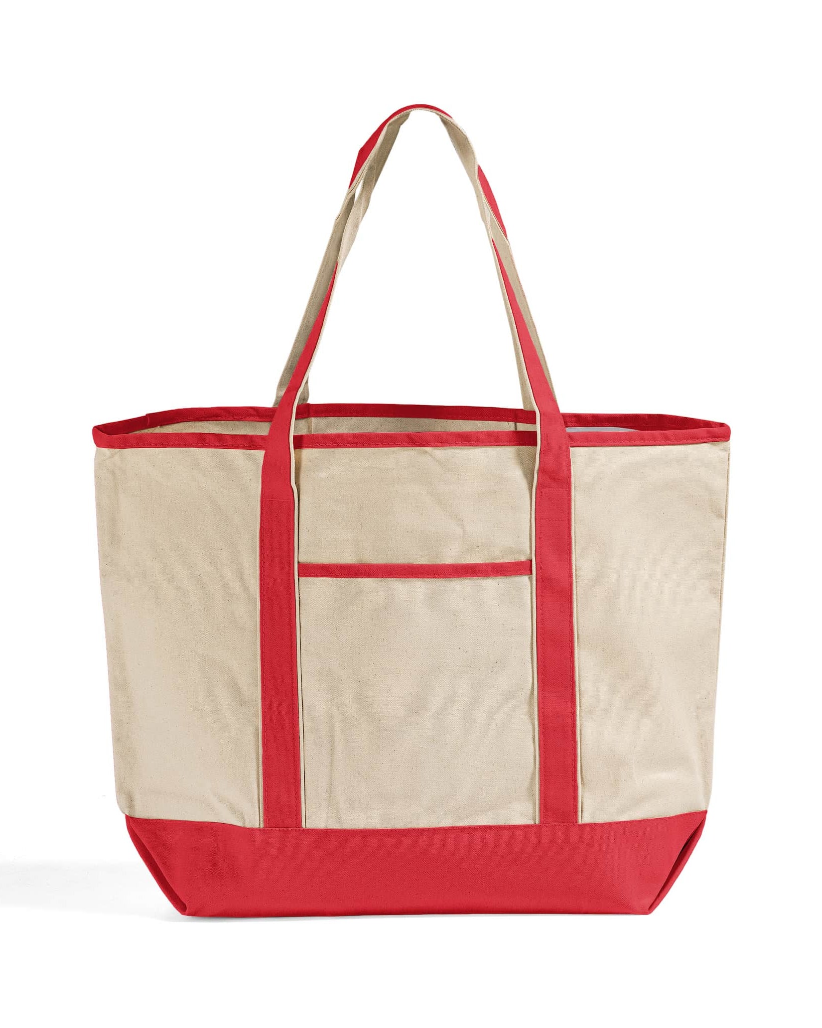 Beige and red tote bag on a white background