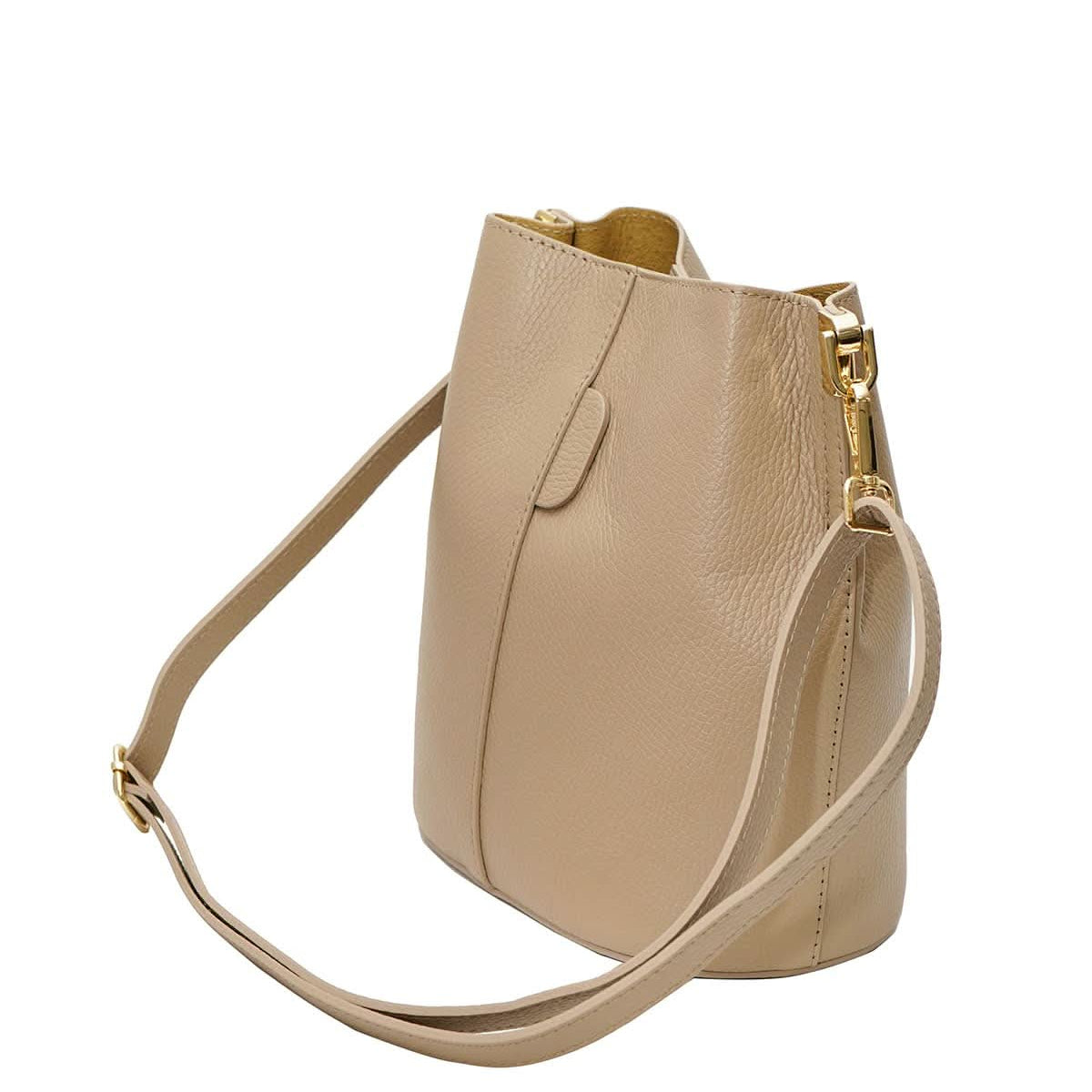 Beige handbag with a gold zipper on a white background