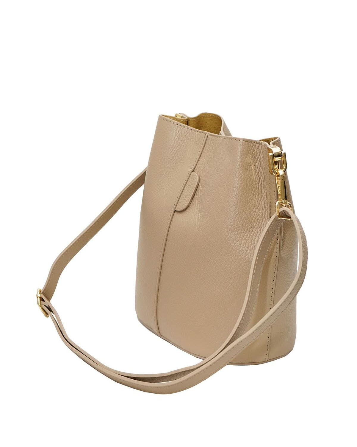 Beige handbag with a gold zipper on a white background