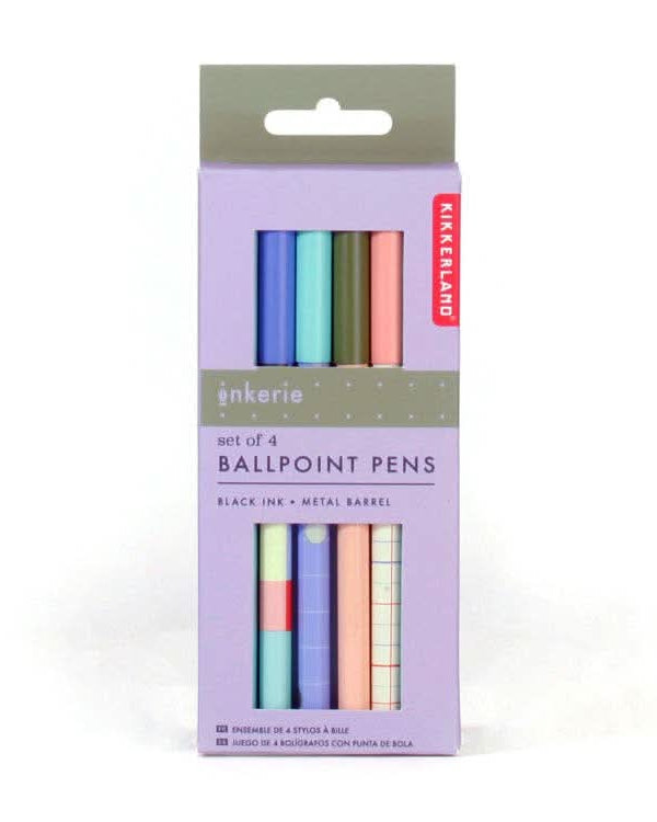 Four colorful ballpoint pens in packaging