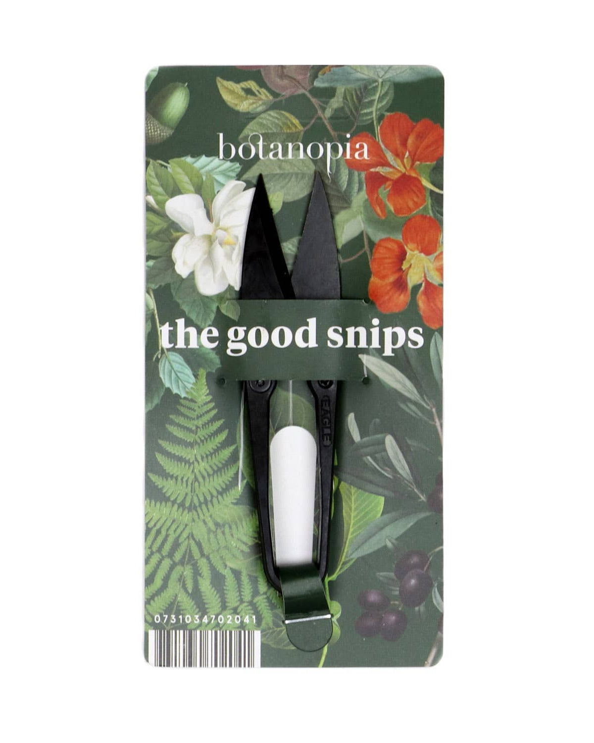 Packaging of 'the good snips' with botanical design and 'botanopia' branding.