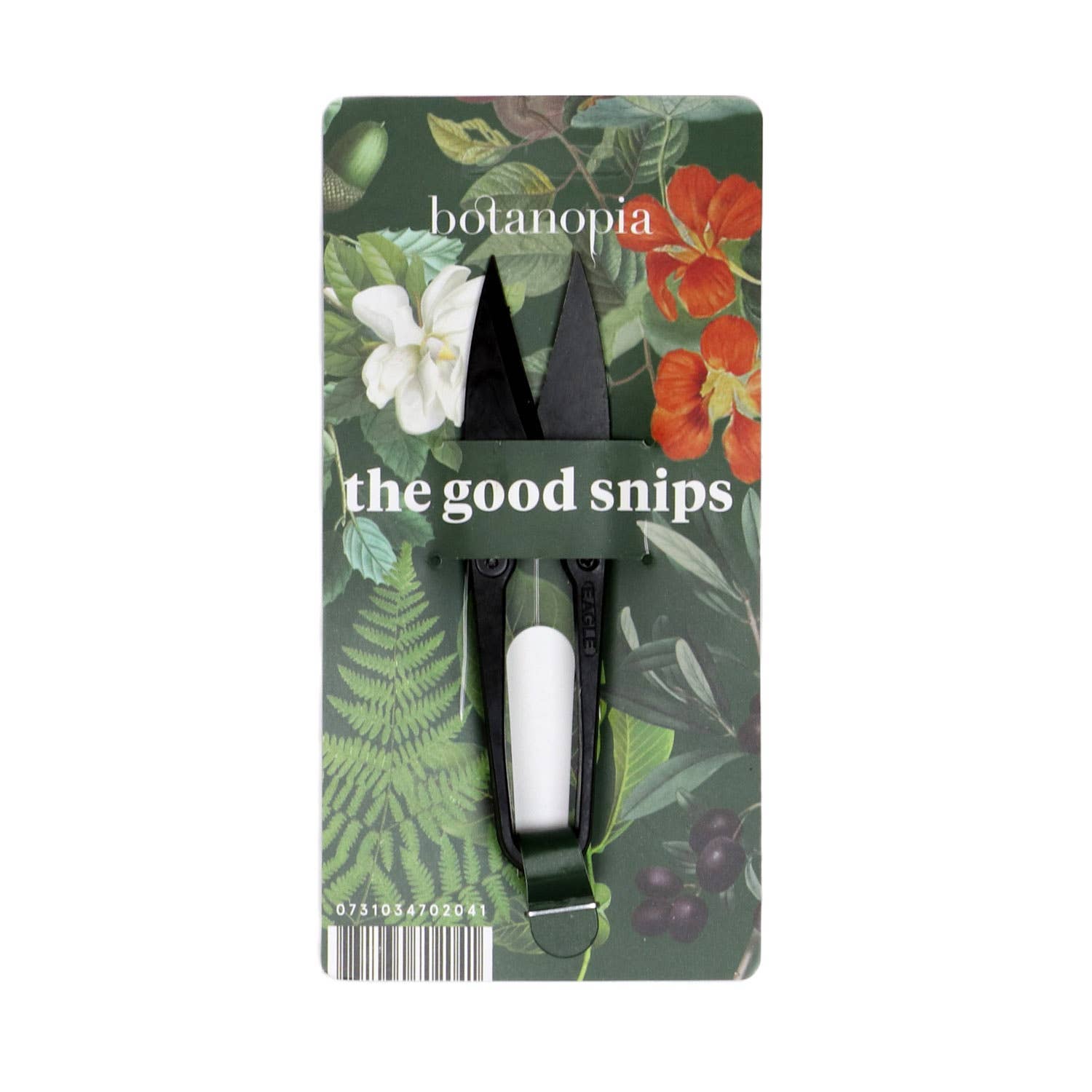 Packaging of 'the good snips' with botanical design and 'botanopia' branding.