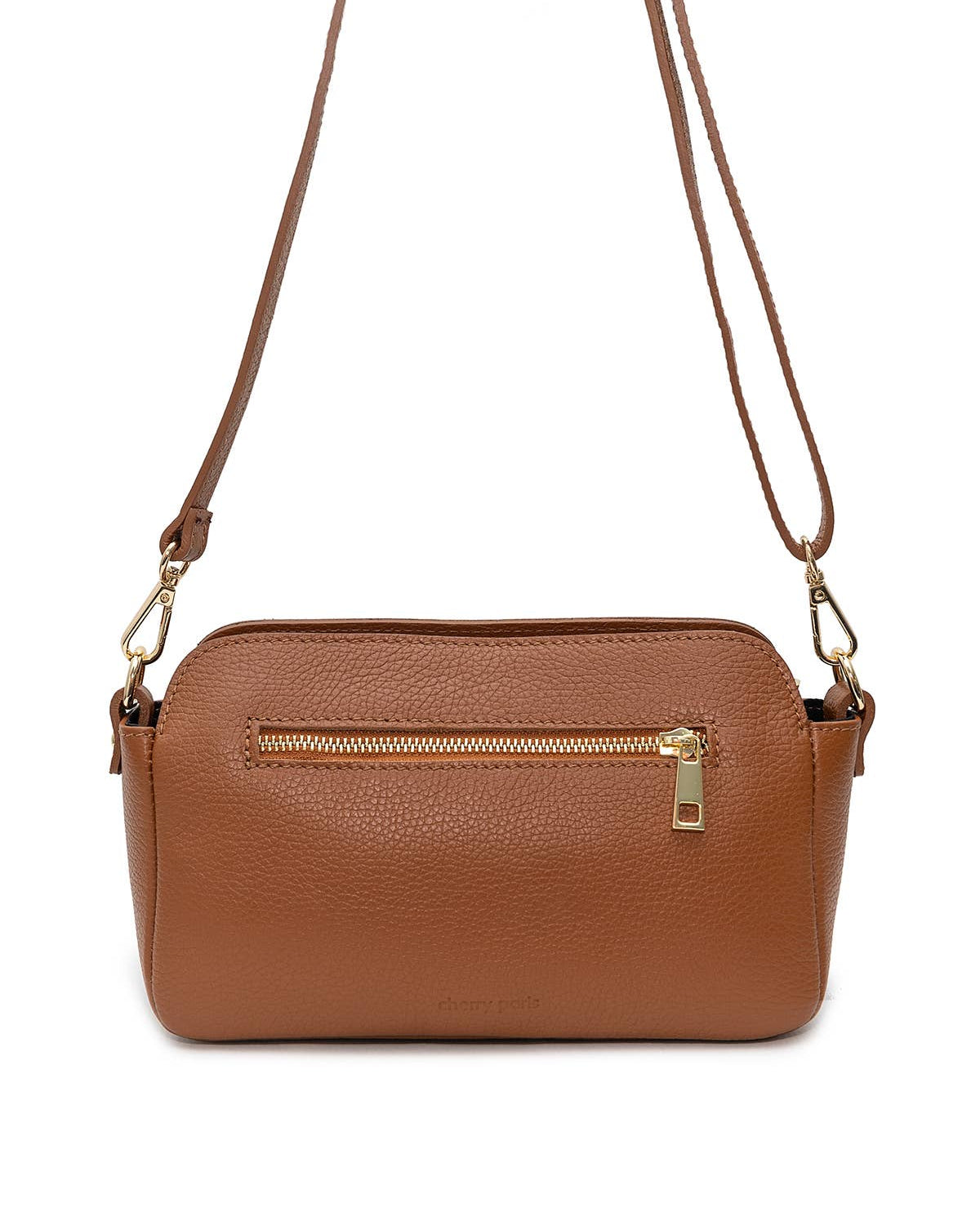 A brown pebbled leather crossbody bag with a gold zipper and gold-tone hardware, shown against a plain white background.