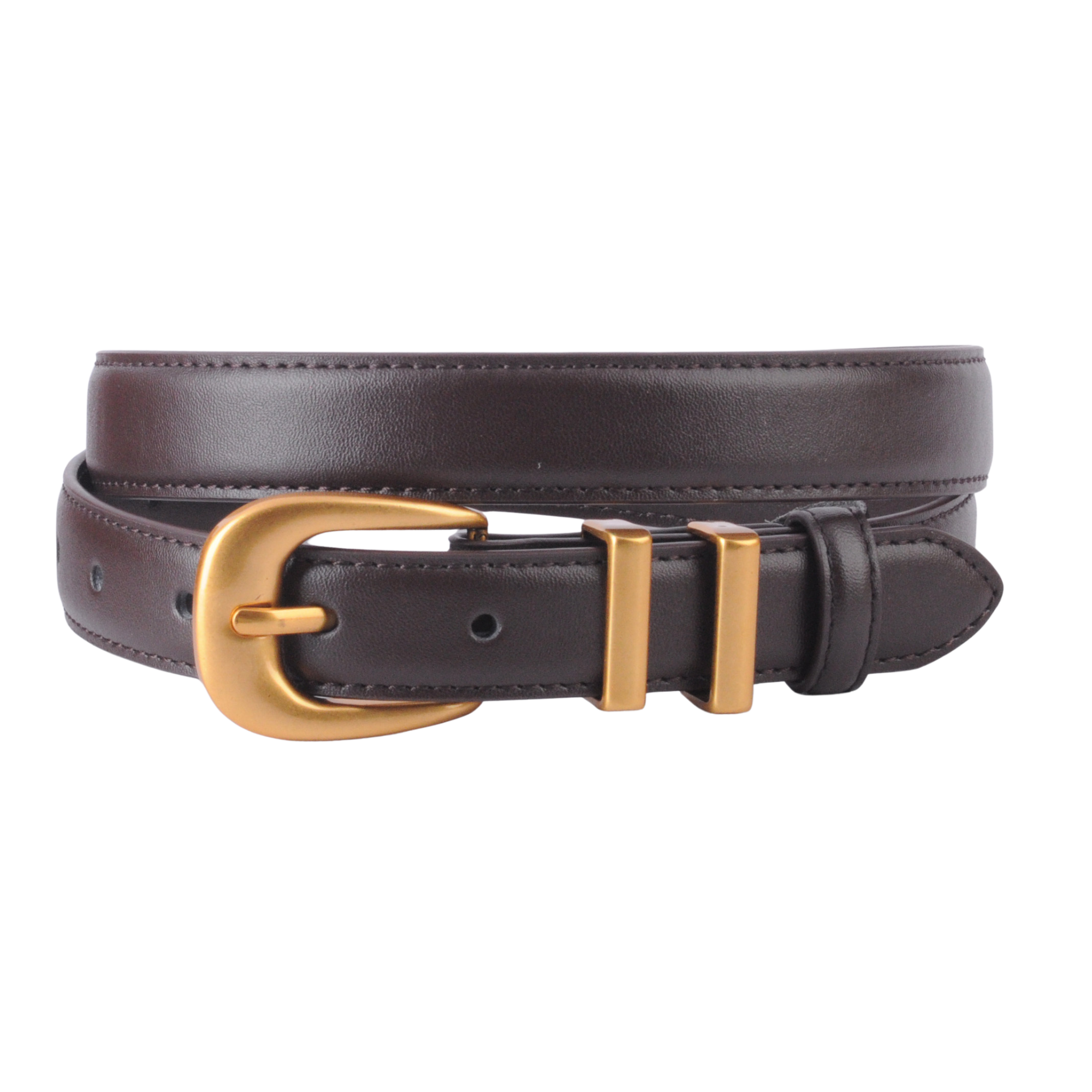 Brown leather belt with a gold buckle on a white background