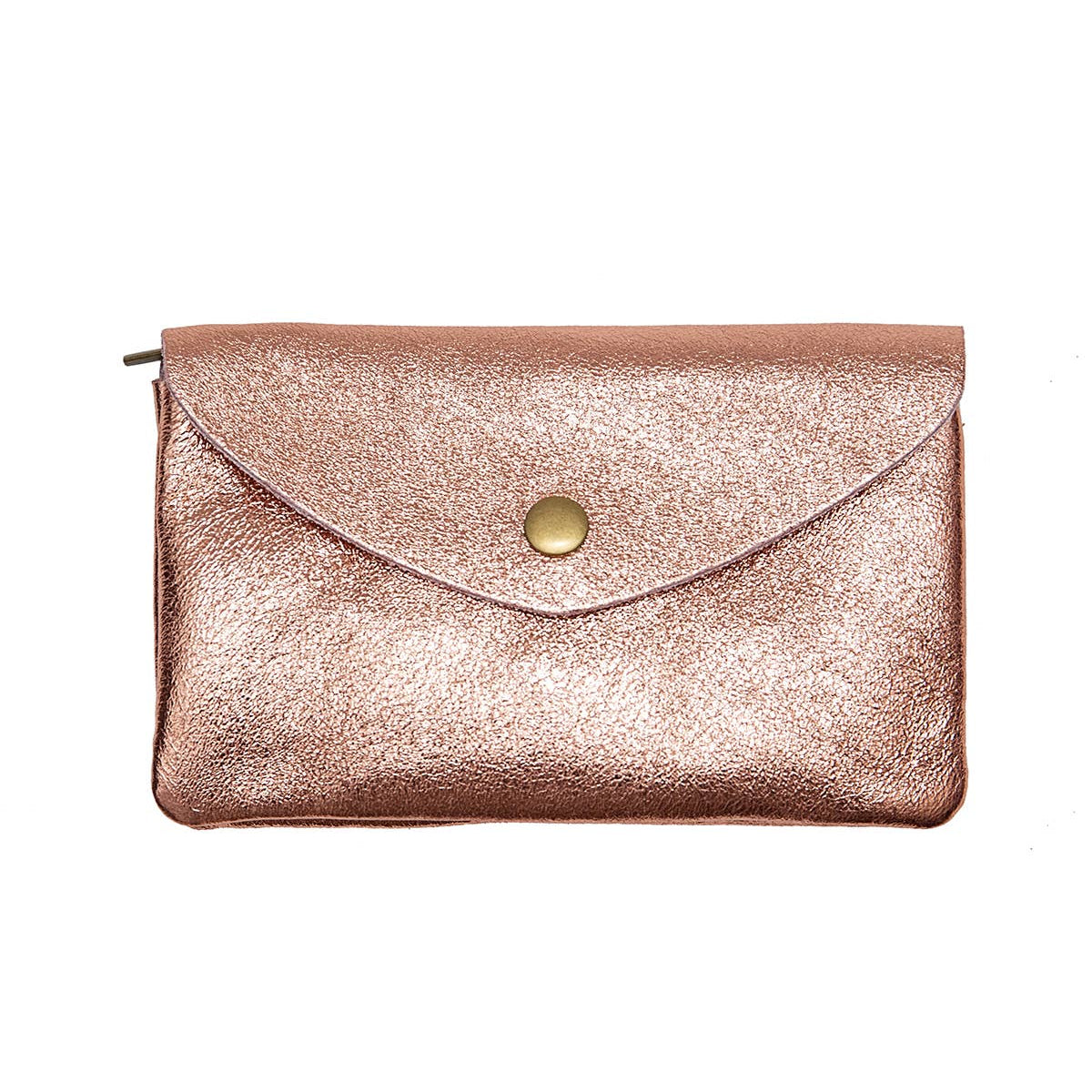 A metallic rose gold envelope clutch bag with a gold snap button closure, shown against a plain white background.