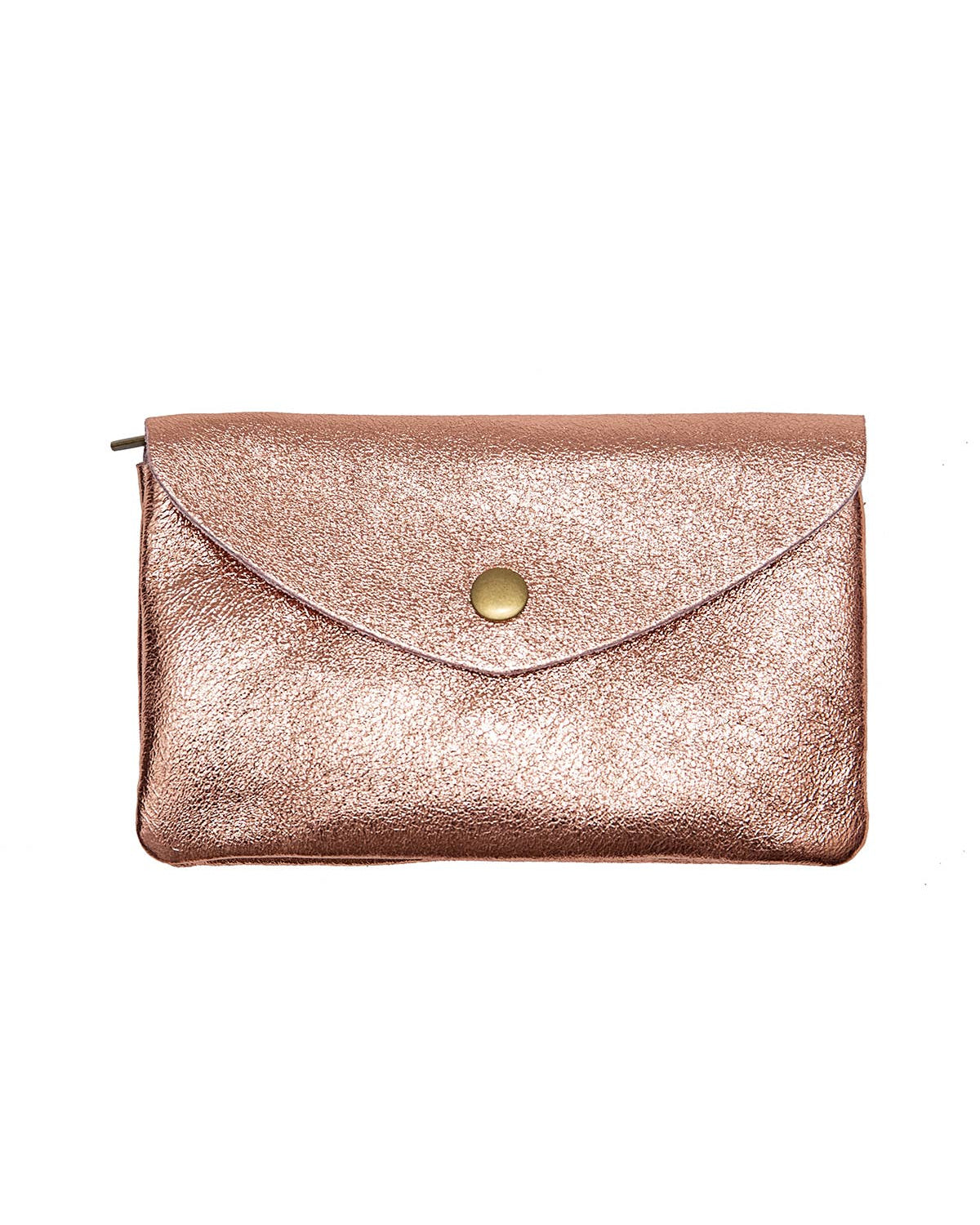 A metallic rose gold envelope clutch bag with a gold snap button closure, shown against a plain white background.