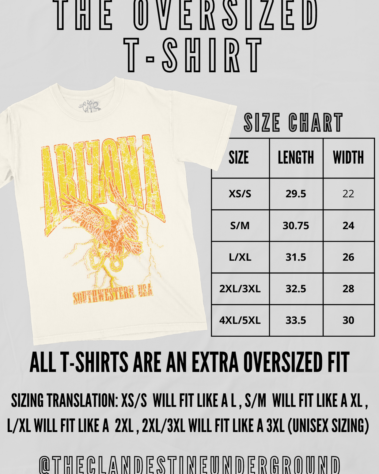 White t-shirt with white background. size chart and black words describing the fit and sizing of t-shirts.