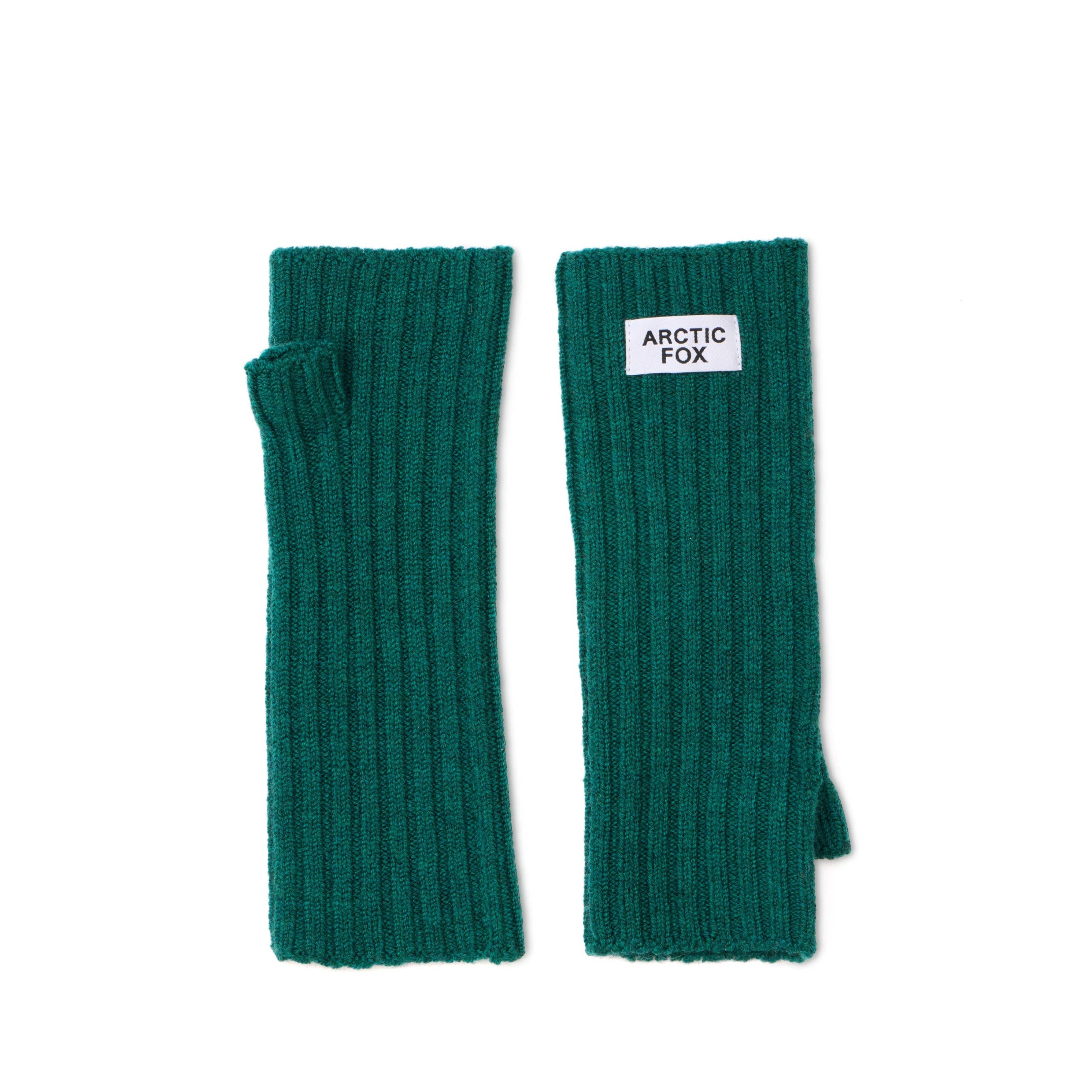 Pair of teal ribbed arm warmers with a visible brand label on a white background