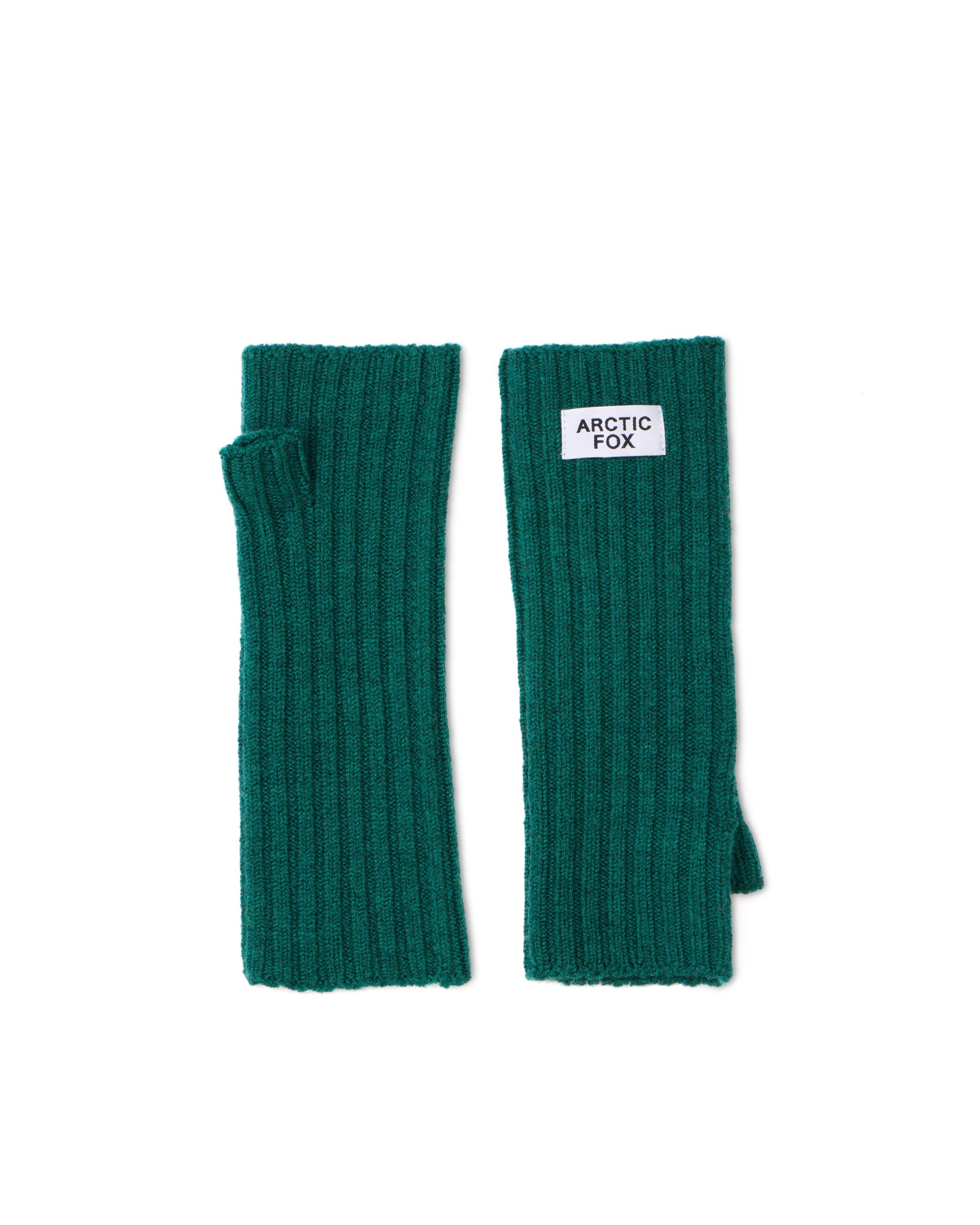 Pair of teal ribbed arm warmers with a visible brand label on a white background