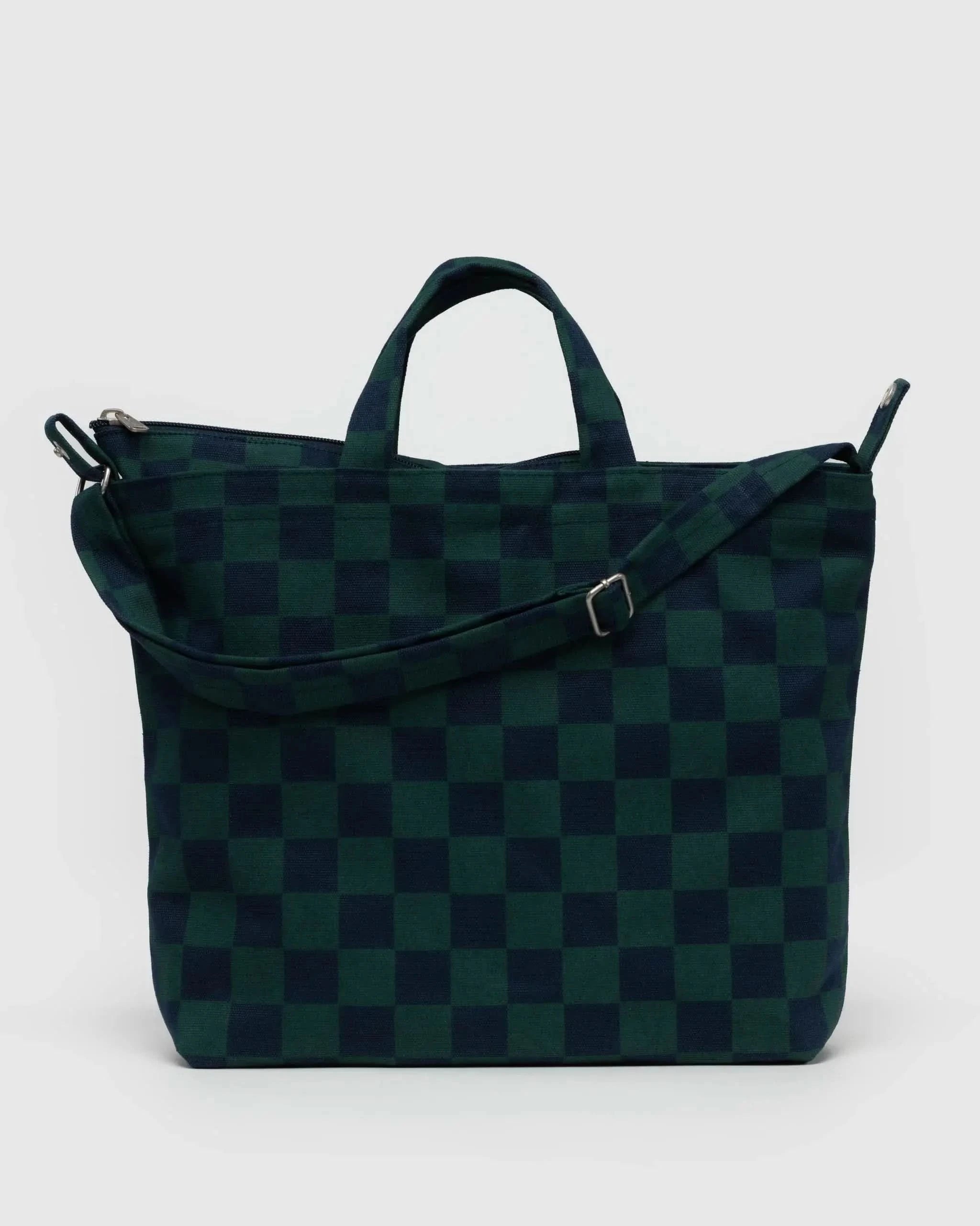 BAGGU square navy and green checkered tote bag with handles and adjustable straps on white background