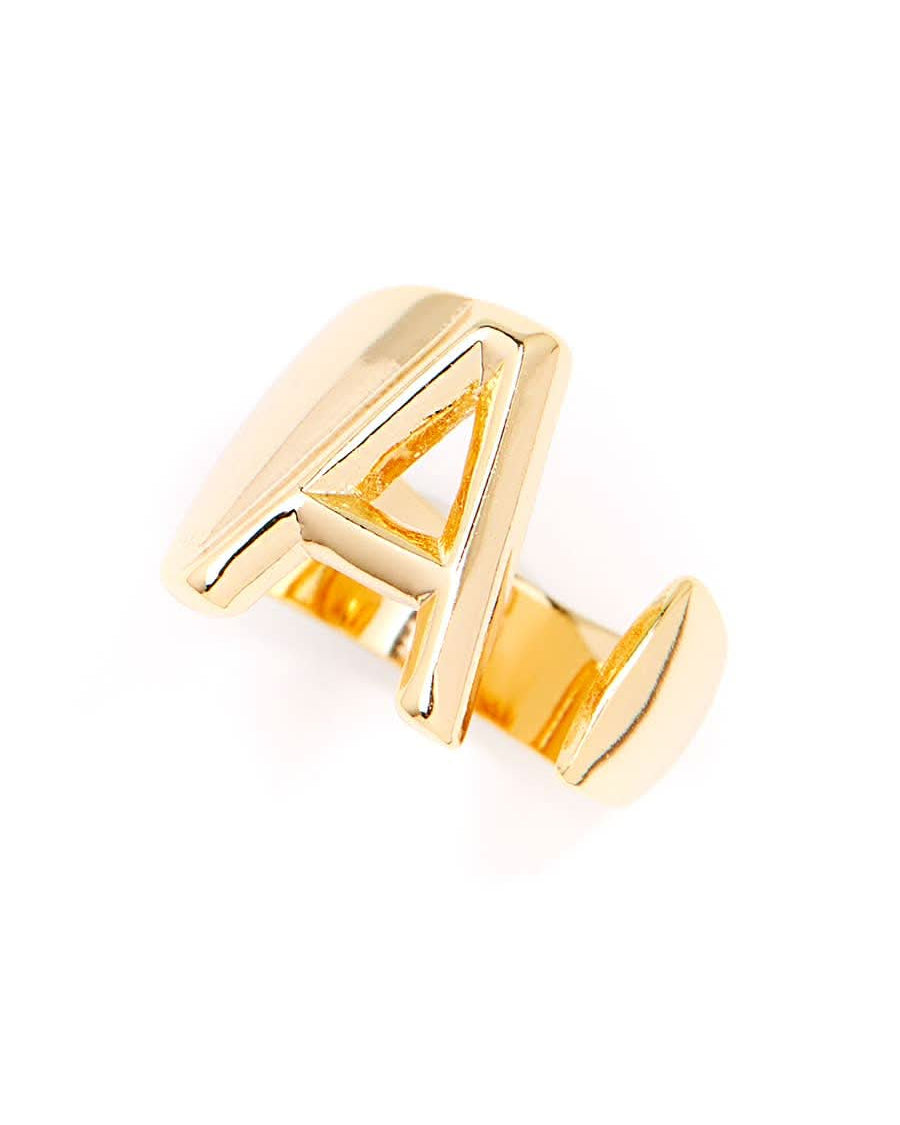 Gold adjustable letter ring on white background in letter A