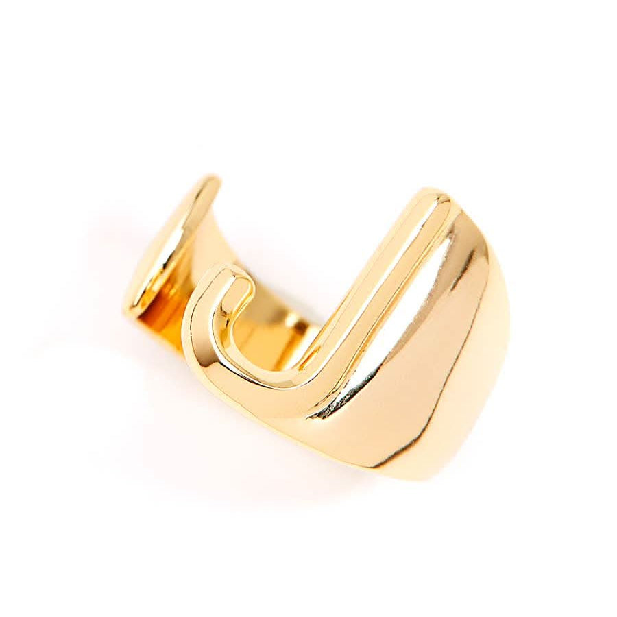 Gold adjustable letter ring on white background in letter J