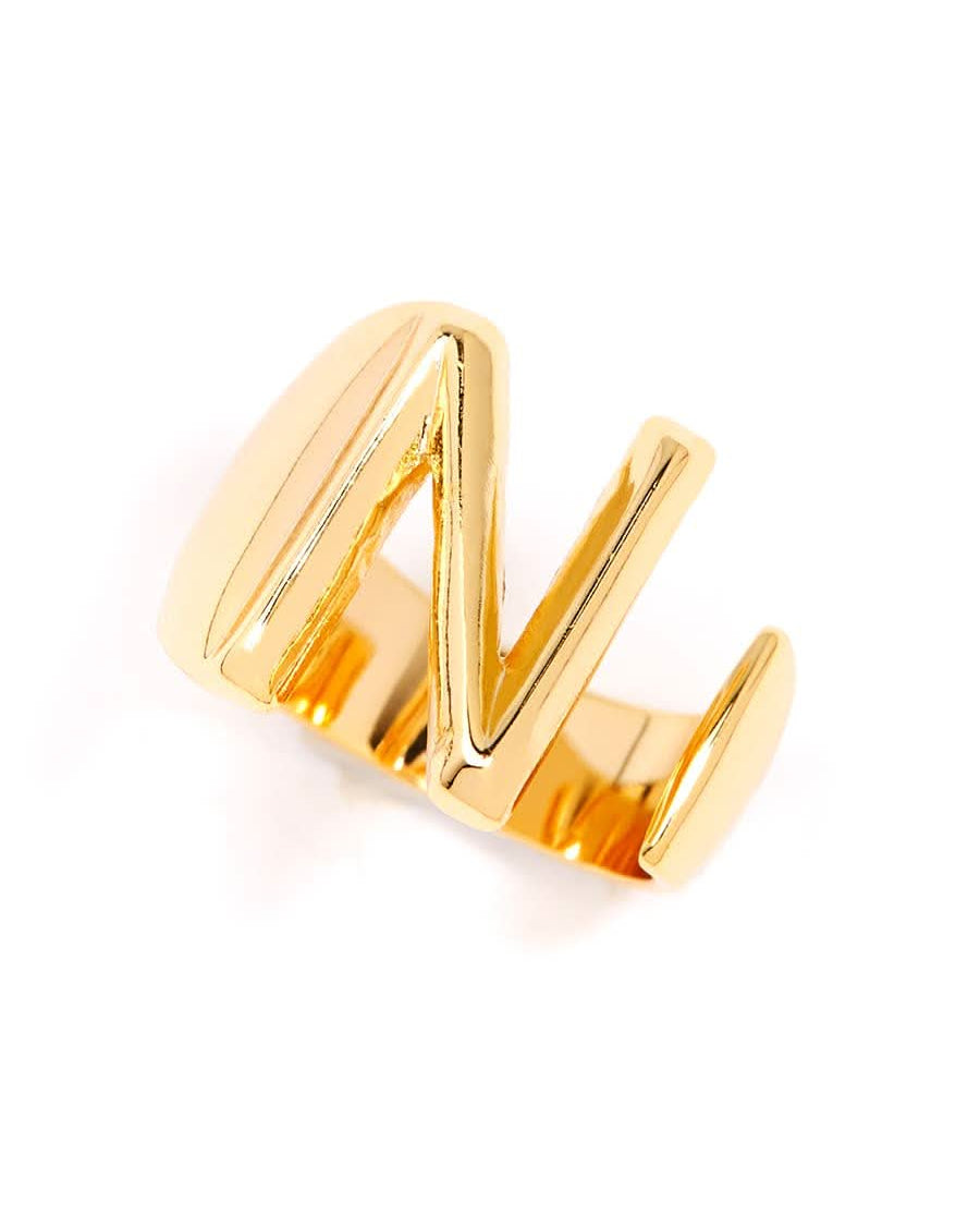 Gold adjustable letter ring on white background in letter N