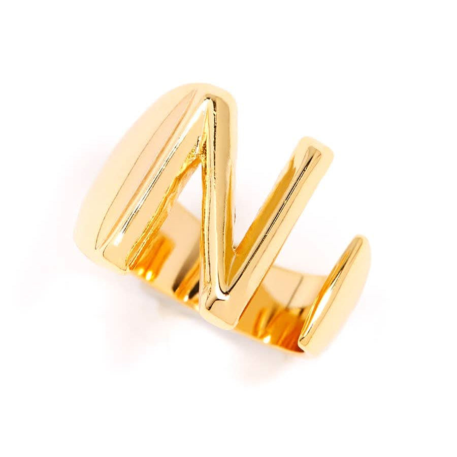 Gold adjustable letter ring on white background in letter N