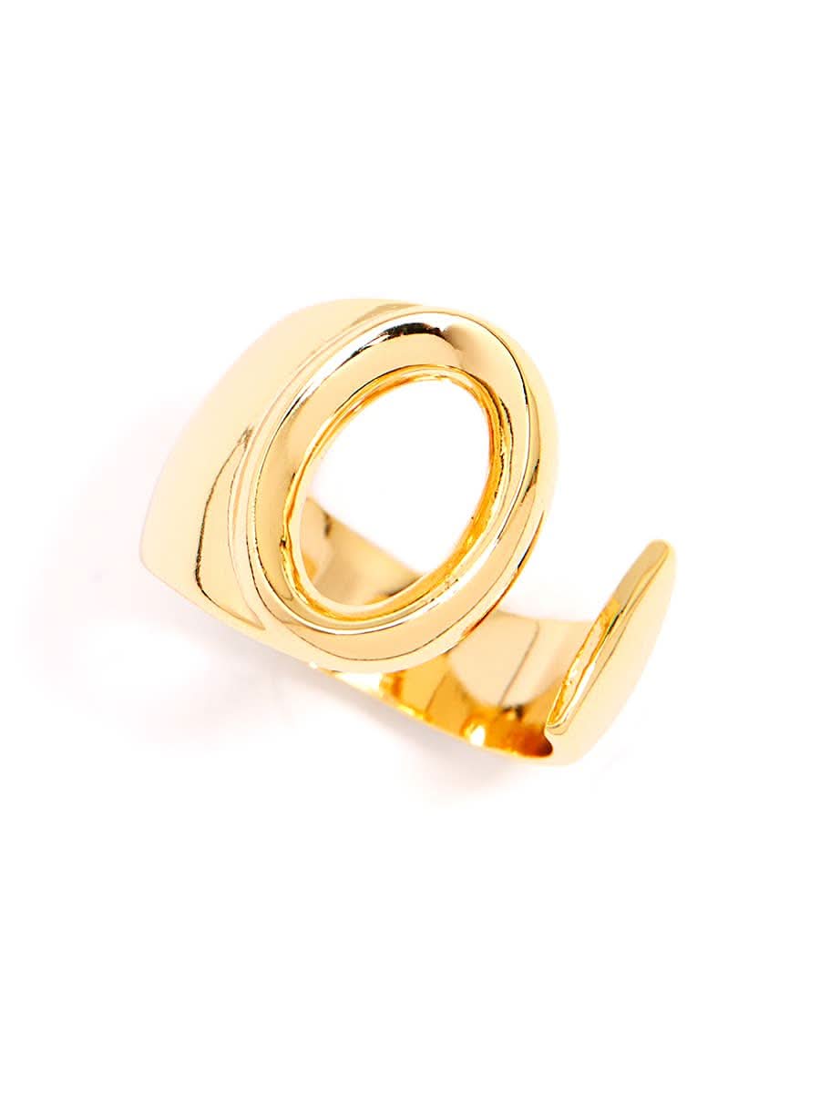 Gold adjustable letter ring on white background in letter O