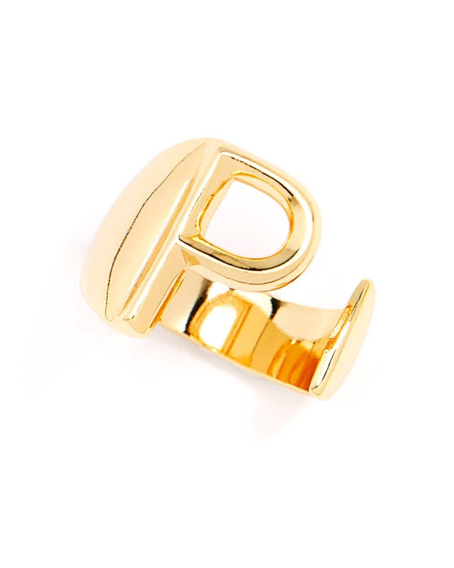 Gold adjustable letter ring on white background in letter P