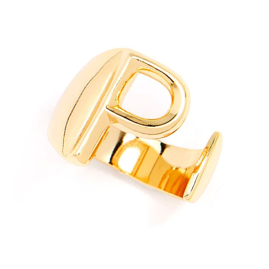 Gold adjustable letter ring on white background in letter P