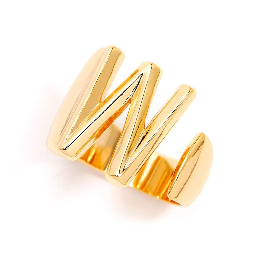 Gold adjustable letter ring on white background in letter W