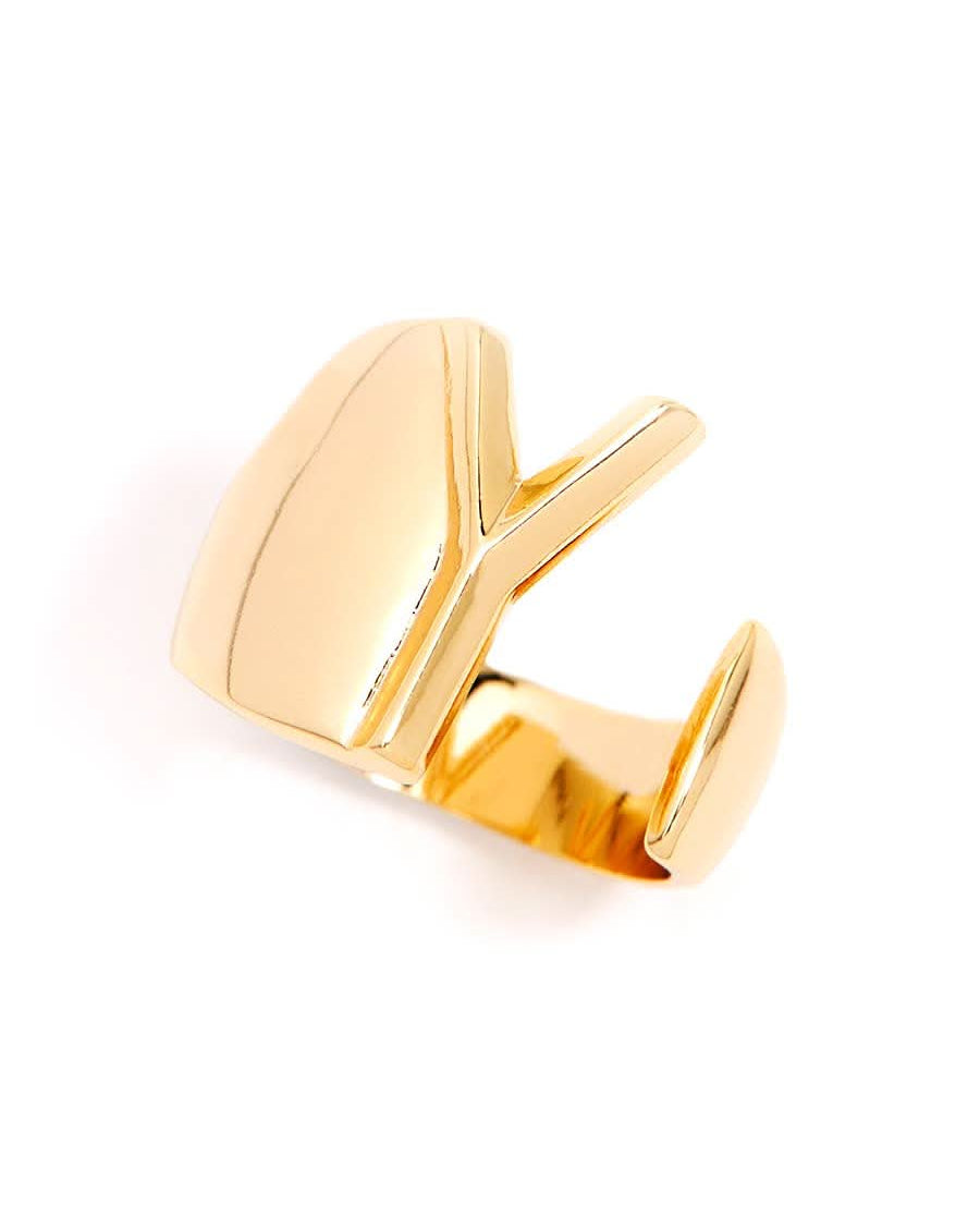 Gold adjustable letter ring on white background in letter Y