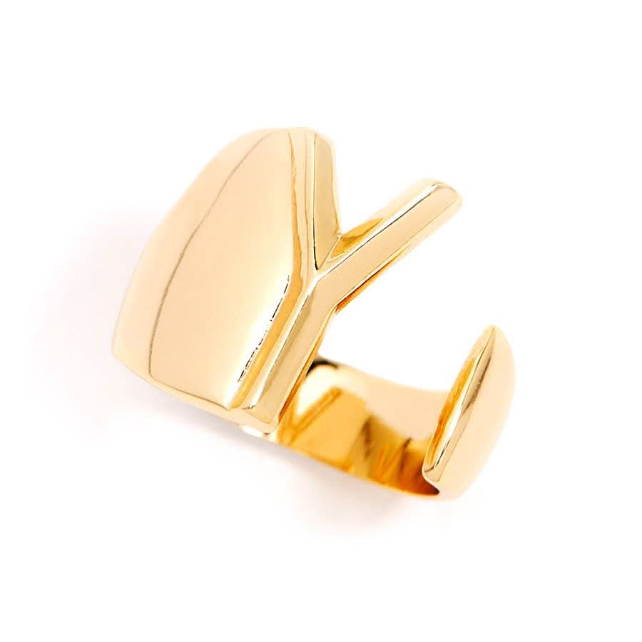 Gold adjustable letter ring on white background in letter Y