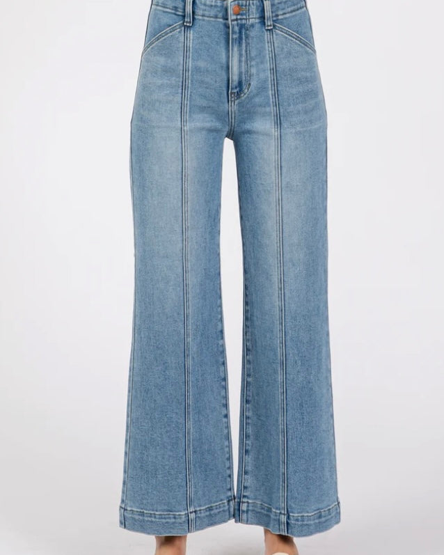 light blue jeans with Design of vertical lines body fit Paola Wide Leg Jeans