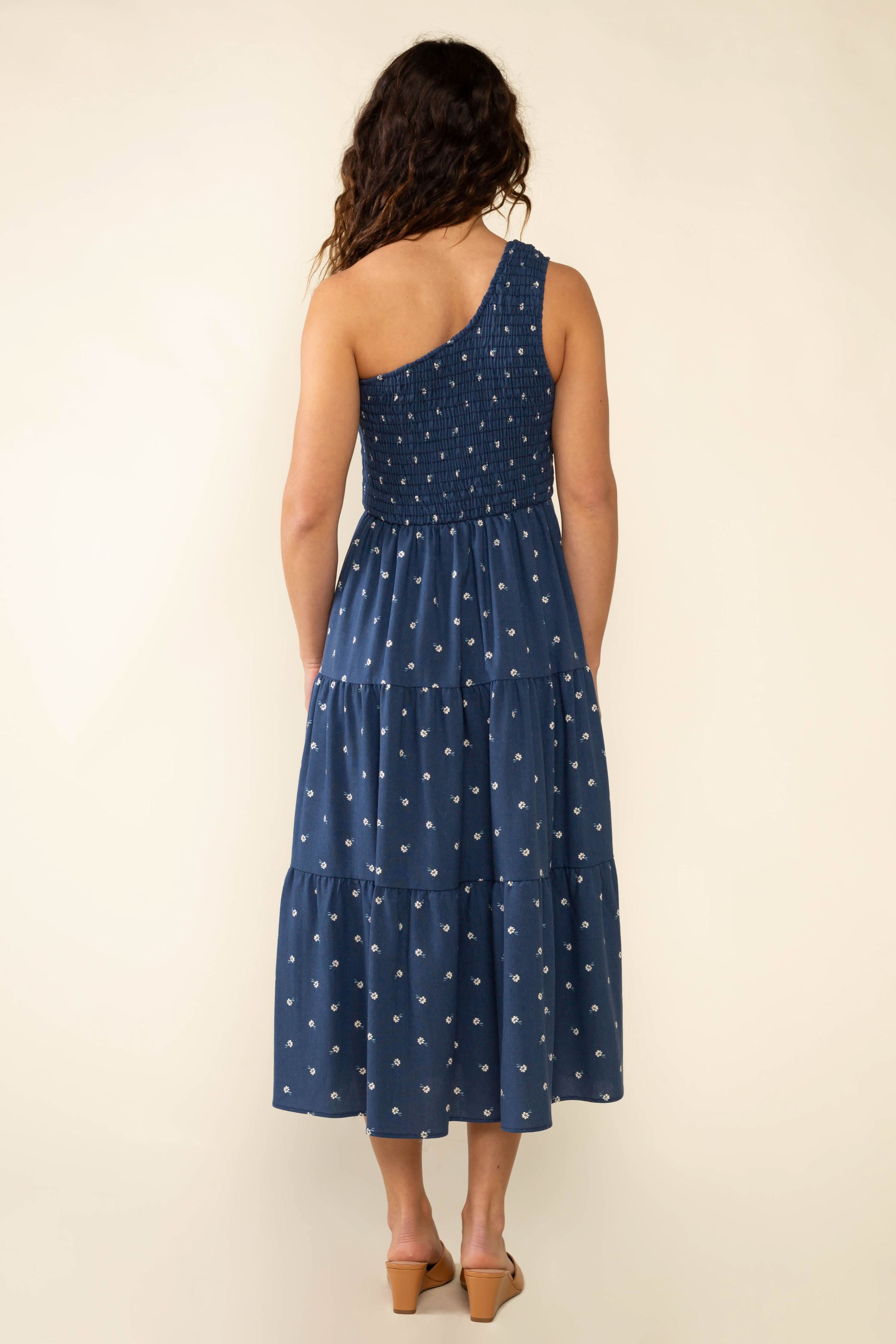 Luna One Shoulder Midi Dress Woman wearing a blue polka dot dress