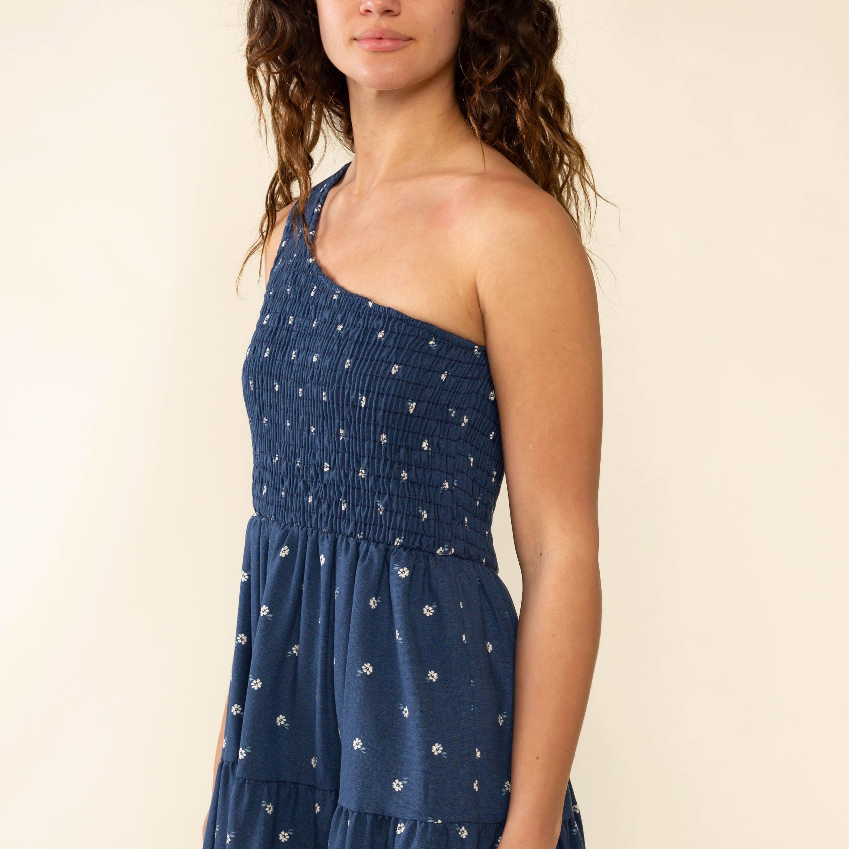 Luna One Shoulder Midi Dress Woman wearing a blue dress