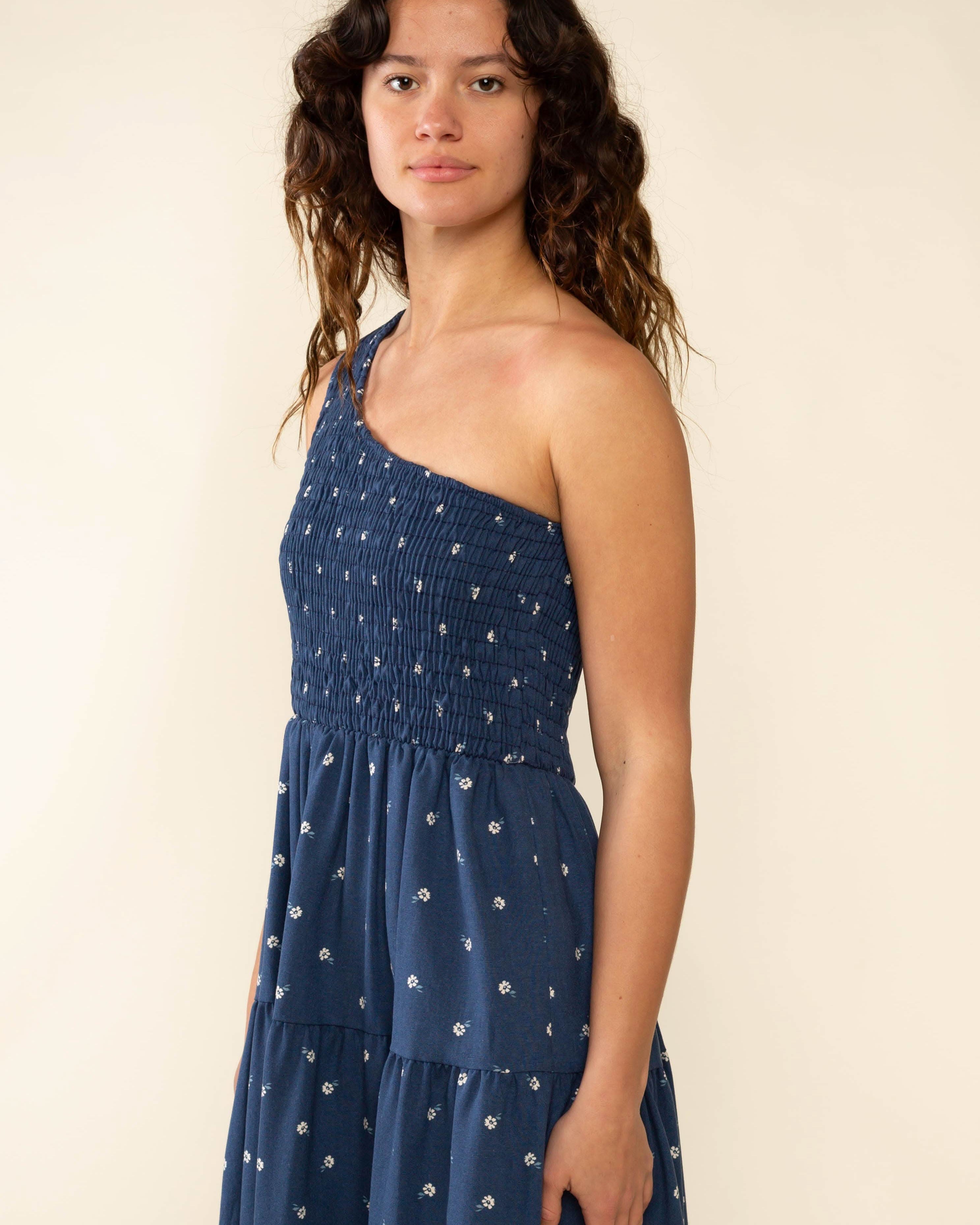 Luna One Shoulder Midi Dress Woman wearing a blue dress