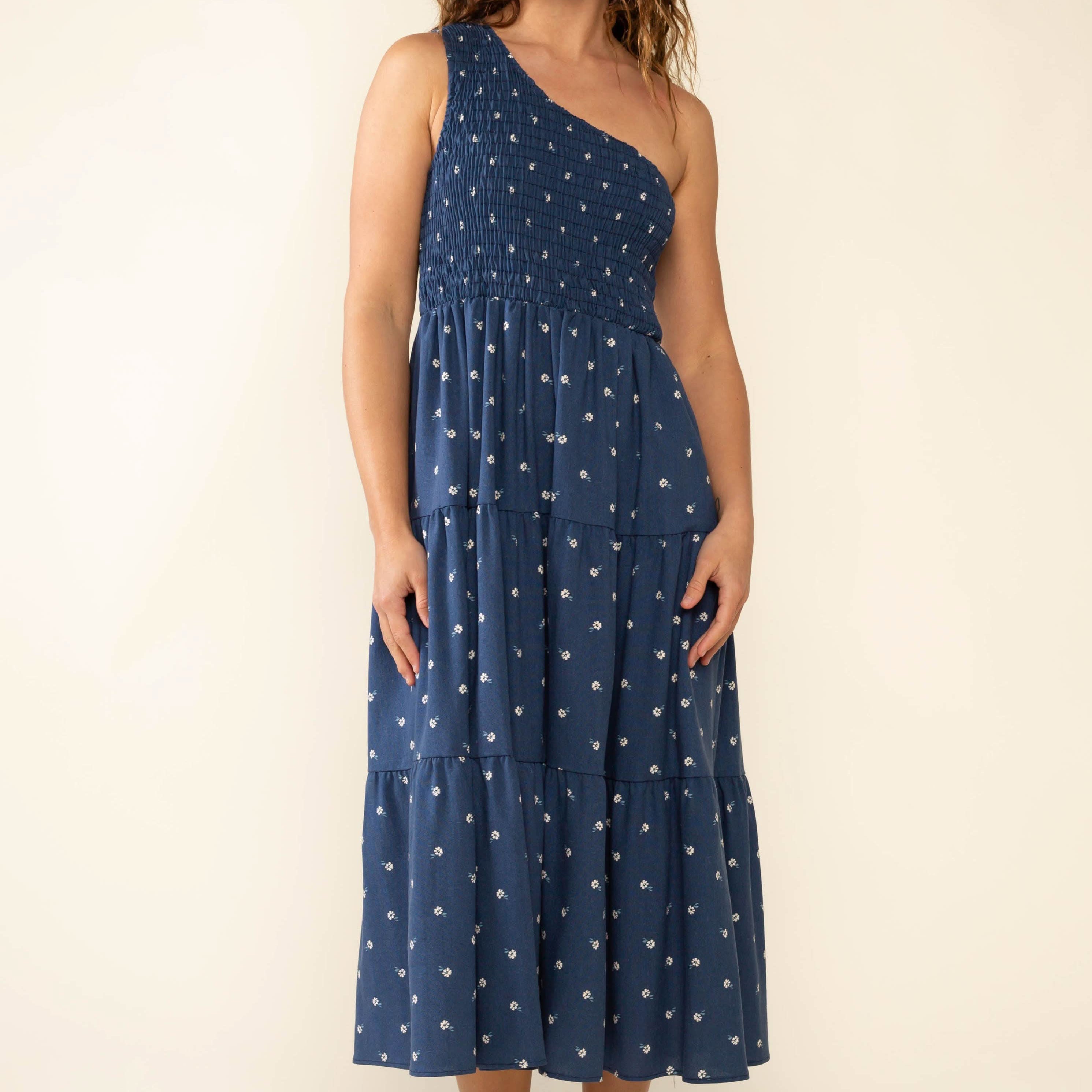 Luna One Shoulder Midi Dress Woman wearing a blue one-shoulder dress