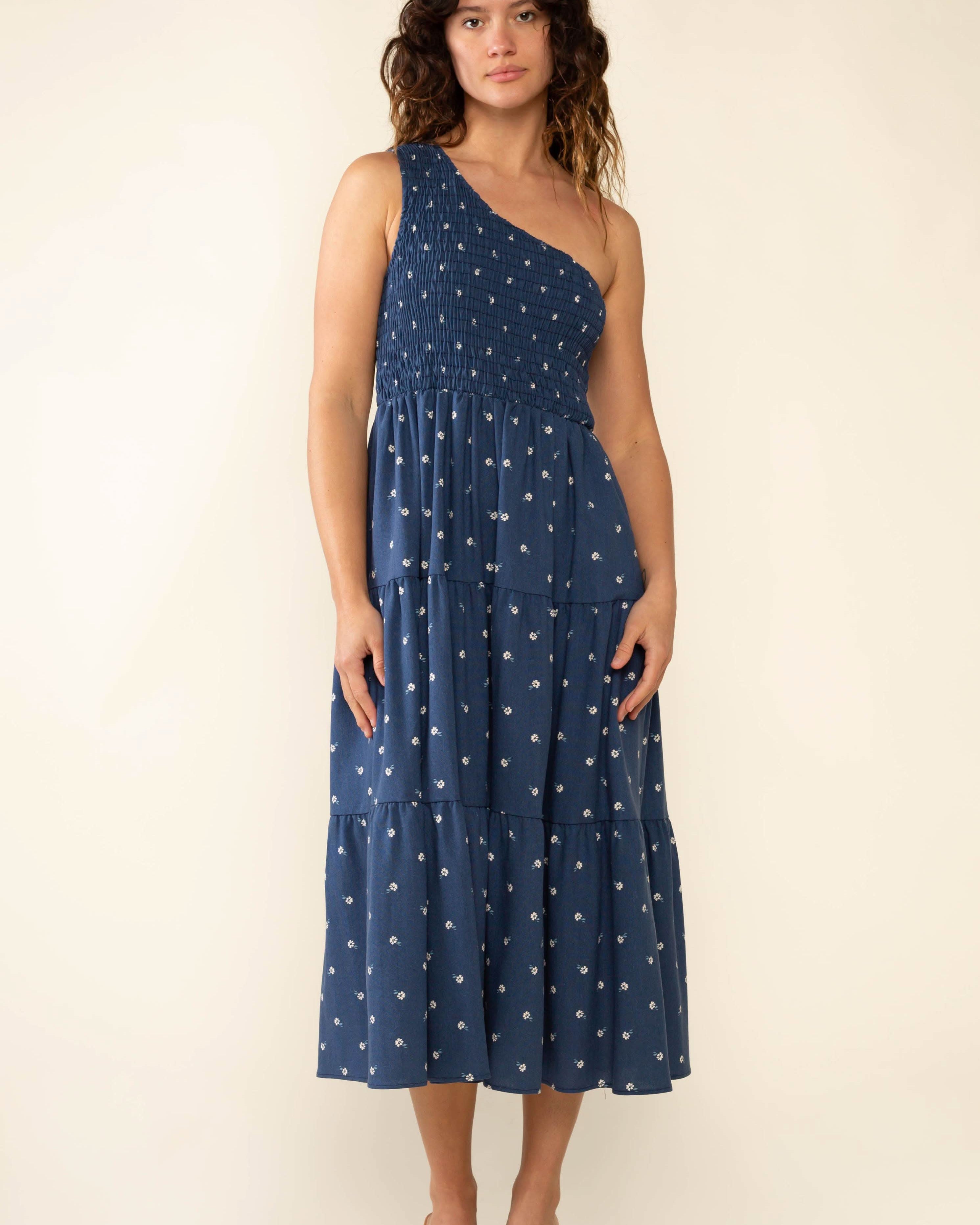 Luna One Shoulder Midi Dress Woman wearing a blue one-shoulder dress