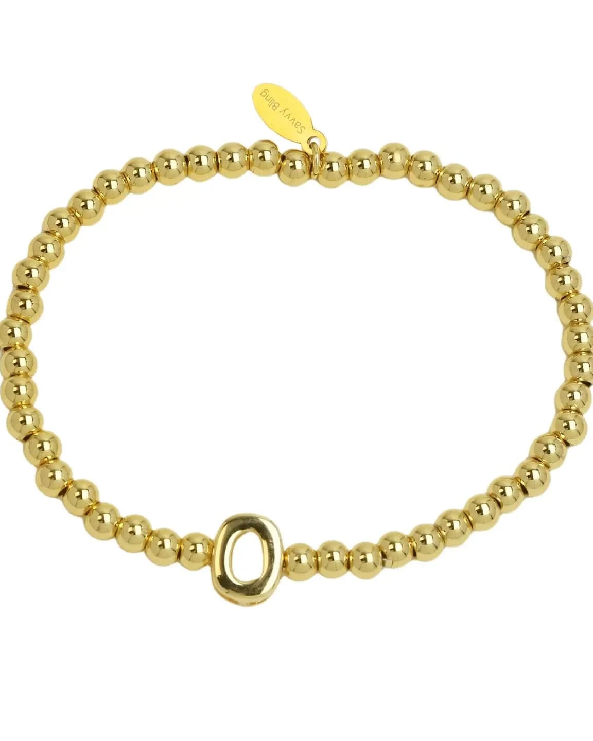 Gold beaded bracelet on a white background