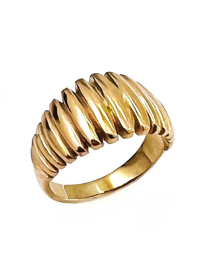 Gold ring with ribbed design on a white background