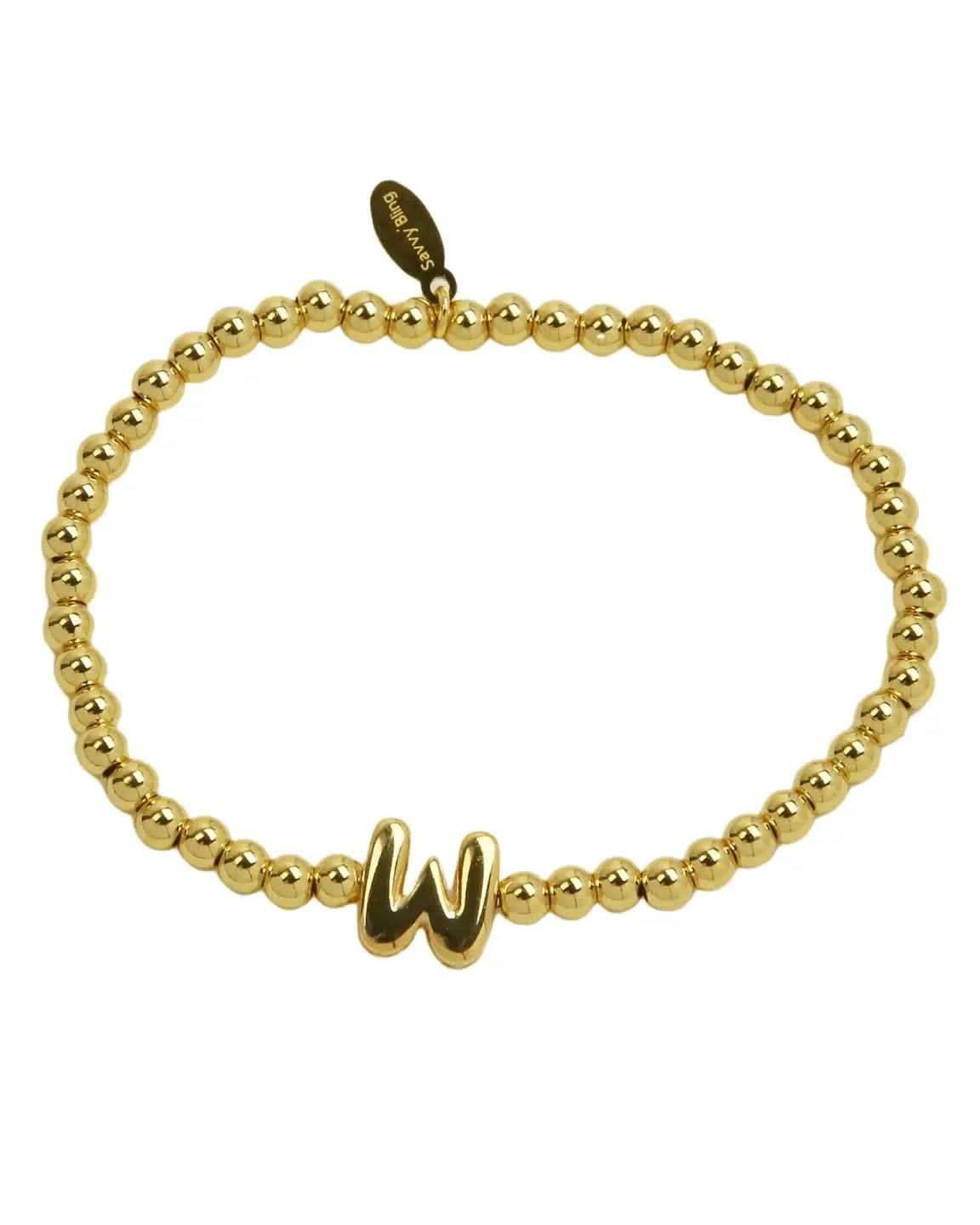 Gold beaded bracelet with a letter 'W' charm on a white background