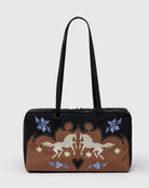 Brown, black, light blue, and white nylon BAGGU western bowler bag. With horses in the front, Four charm loops and a swivel clasp to let you accessorize
