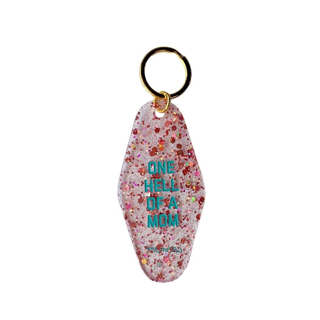 Pink with red dots One Hell Of A Mom motel keychain
