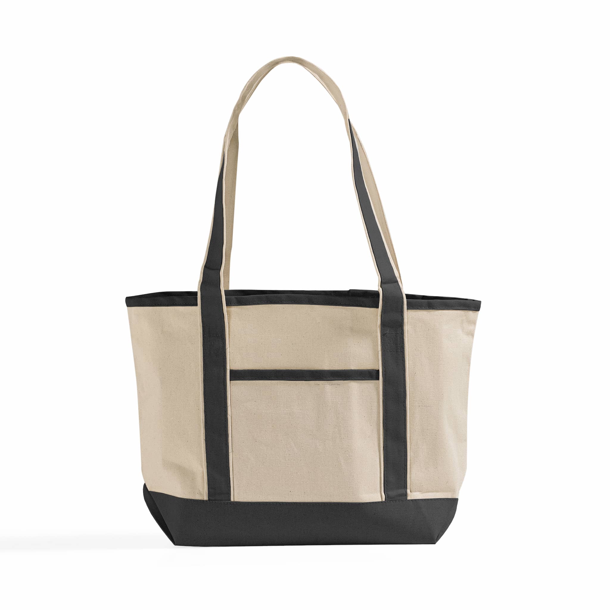 Beige and black tote bag on a white background
