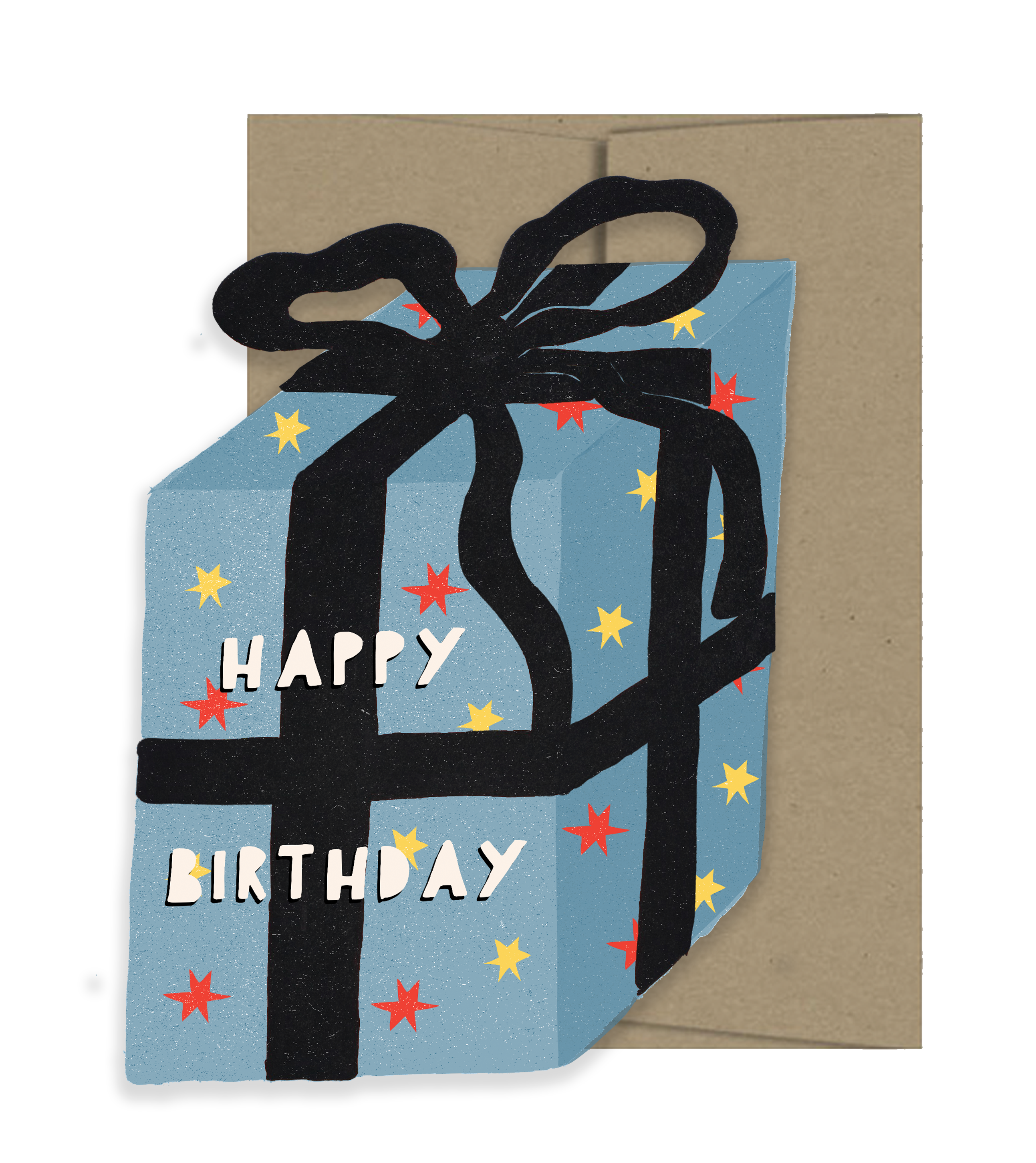 Birthday card with a blue present design and 'Happy Birthday' text, featuring a black ribbon.