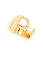 Gold adjustable letter ring on white background in letter P