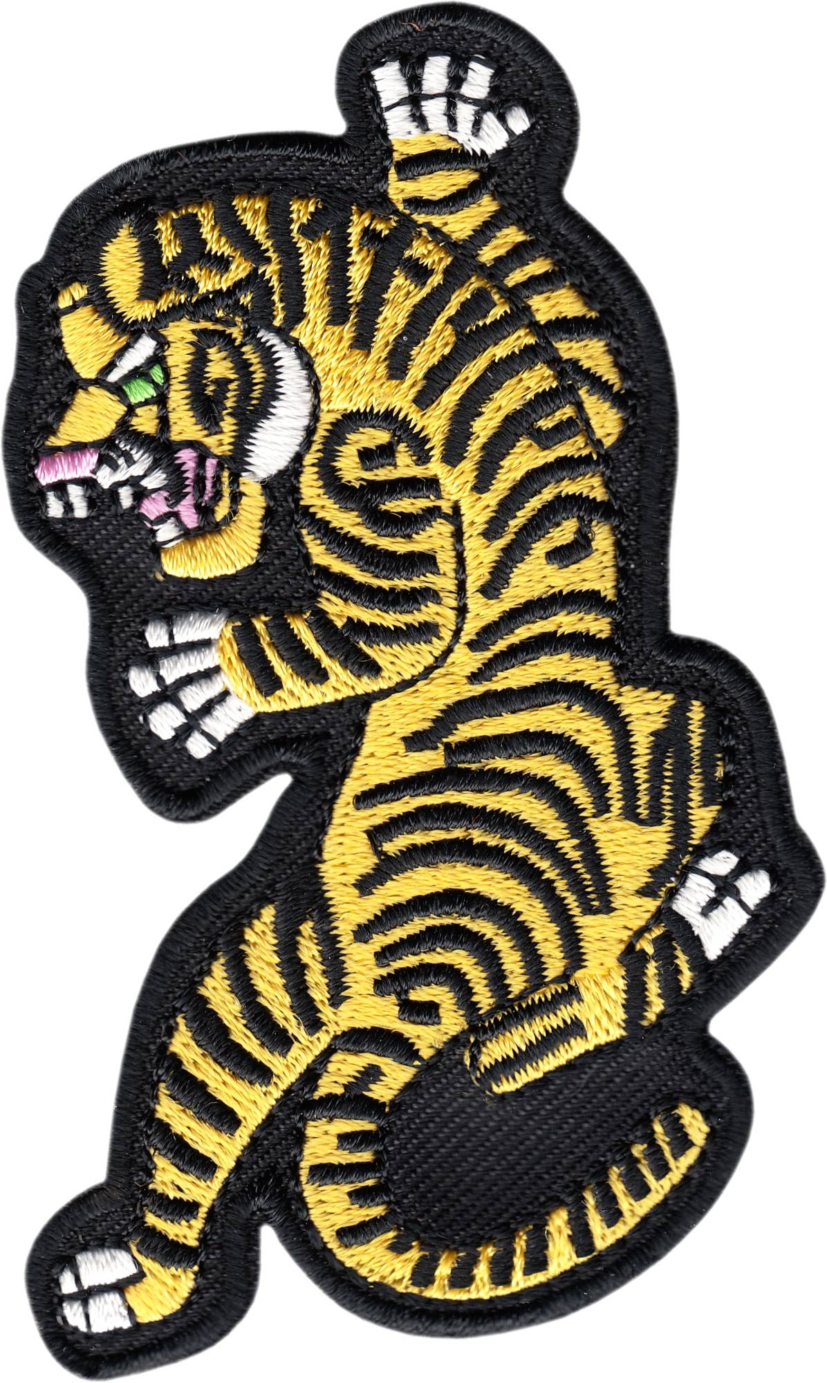 Embroidered patch of a yellow tiger on a black background