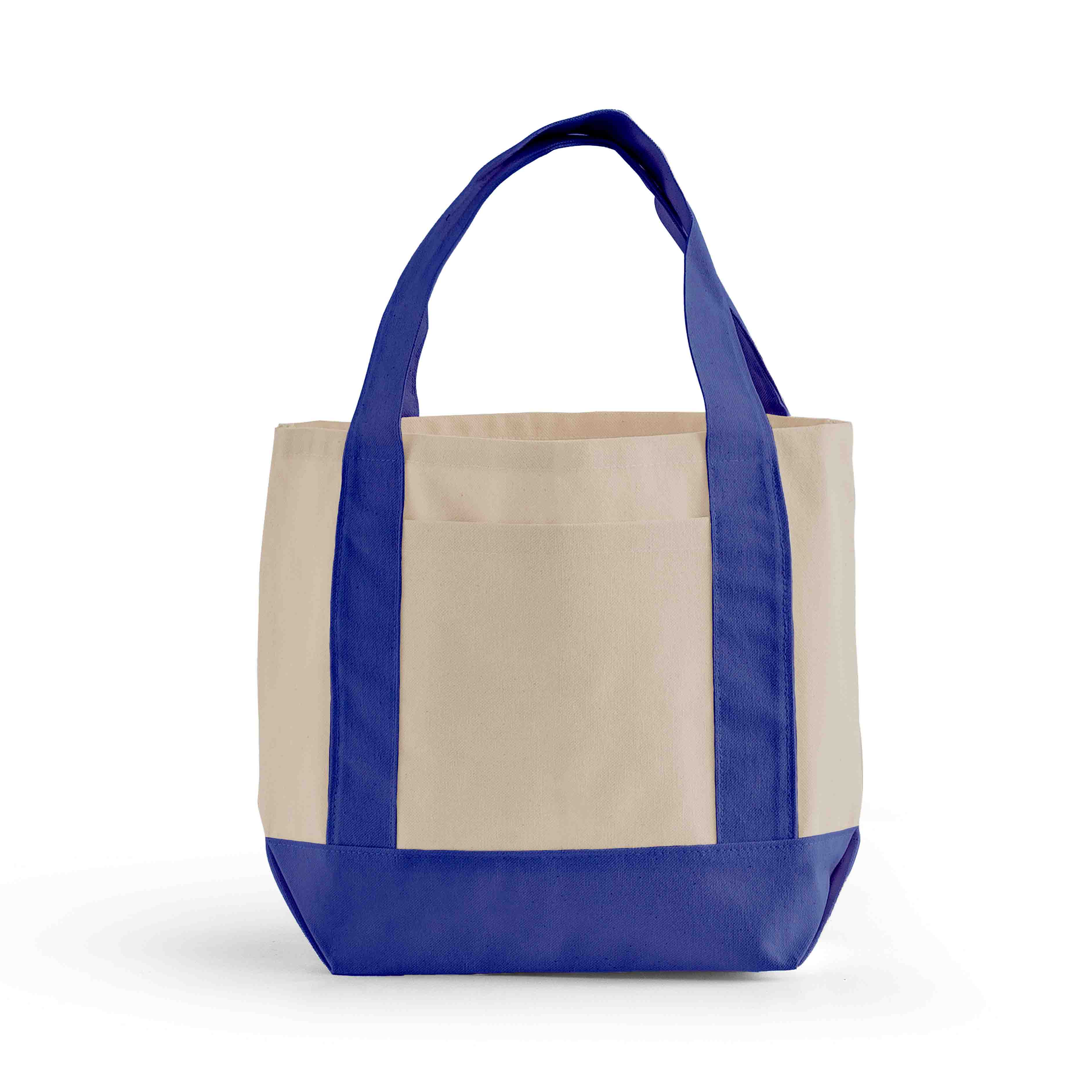 Tote bag with blue top half and beige bottom half on a white background