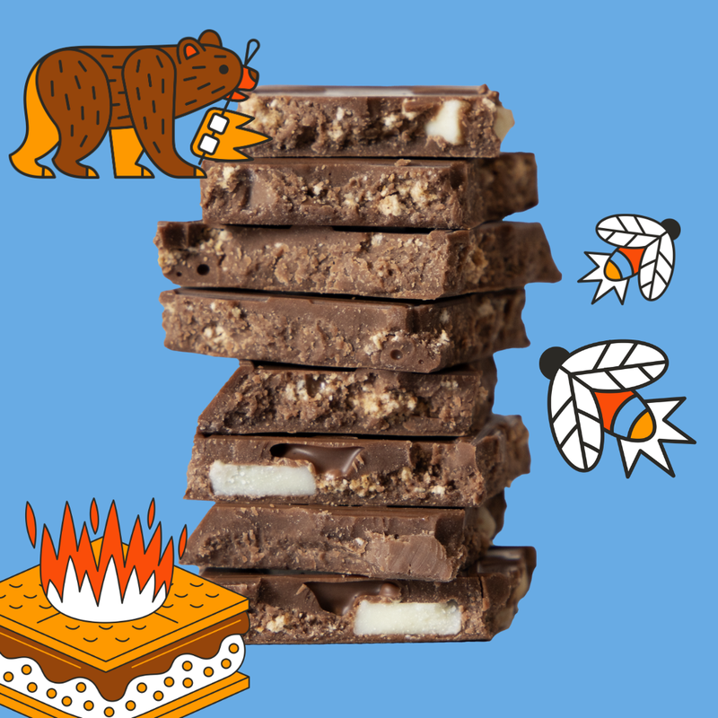 Stack of chocolate bars with a bear, campfire, and feathers on a blue background