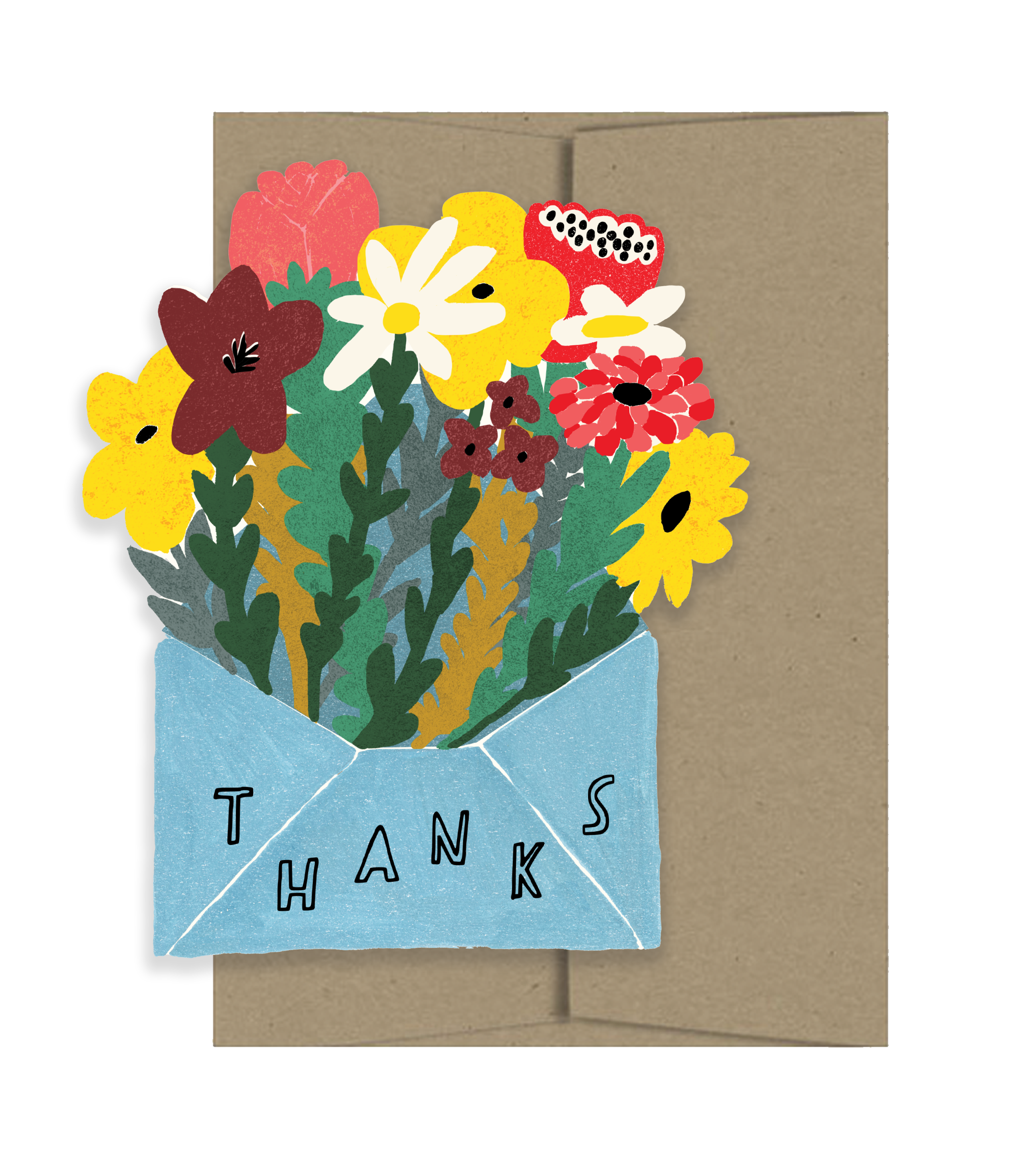 Greeting card with colorful floral design on the front that says “Thanks” and blue envelope inside, on a white background.