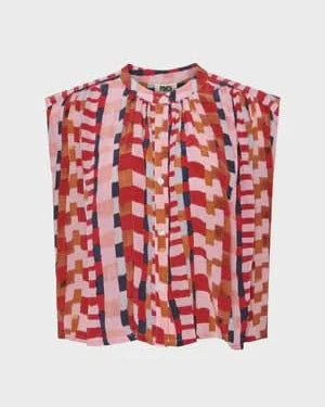 Wide cropped breezy sleeveless blouse with bold geometric print in lively shades of red, pink, orange, and blue