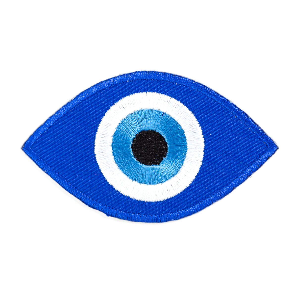 Embroidered eye patch with blue and white design on a white background